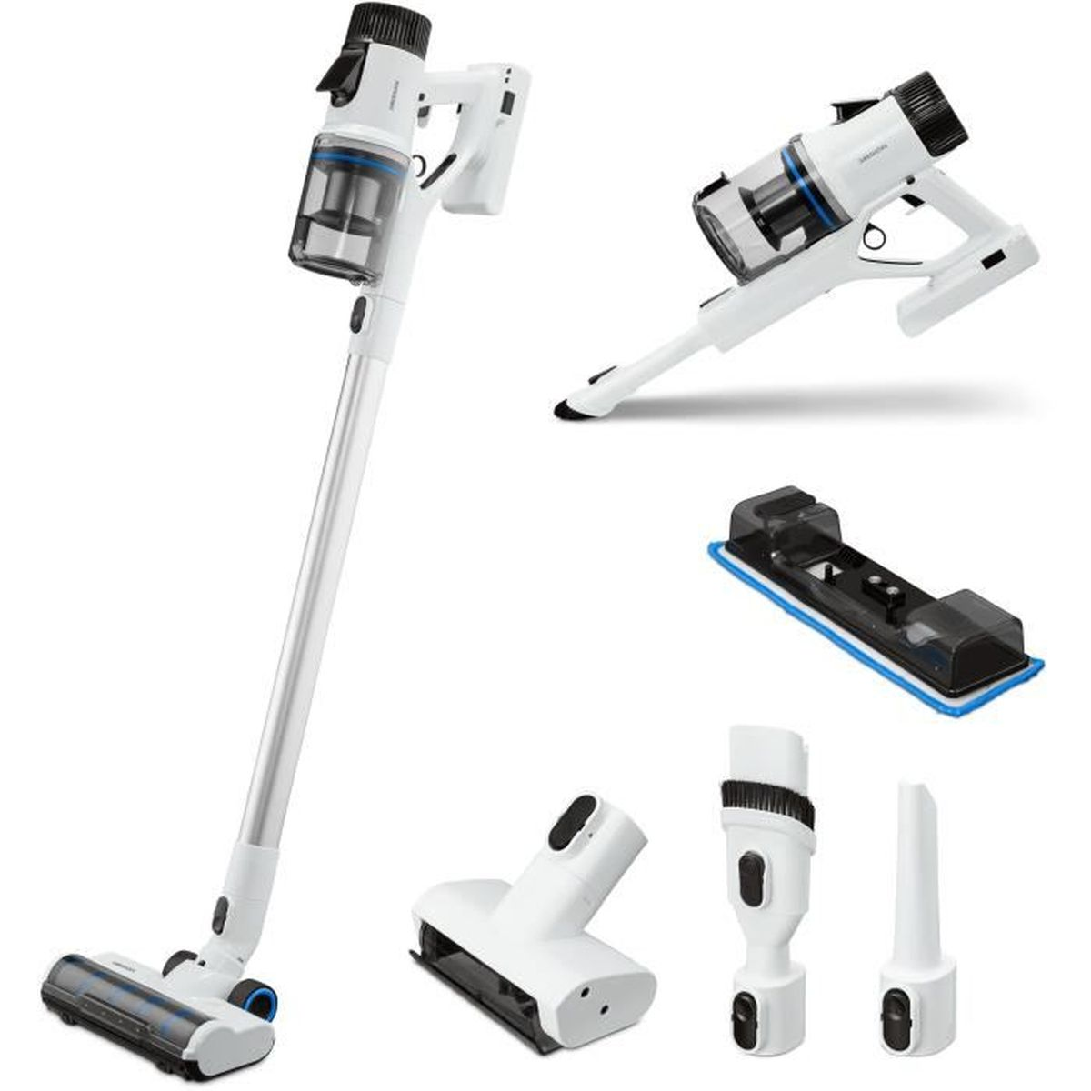 A white and black cordless vacuum cleaner with multiple attachments, including a mop head and various nozzles, displayed on a white background.