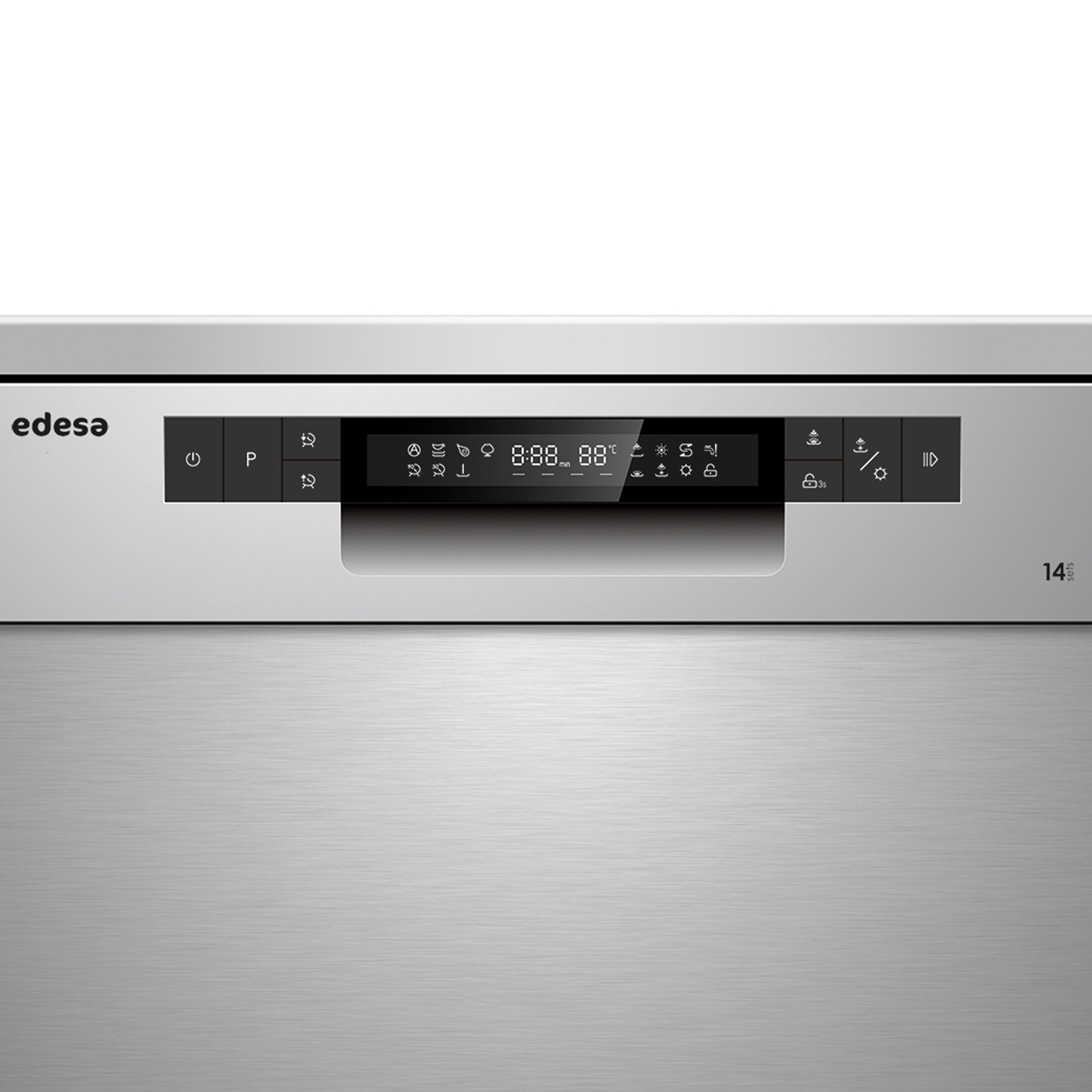 Un lavavajillas Edesa plateado. Tiene una pantalla digital que muestra la hora y varios botones con símbolos.