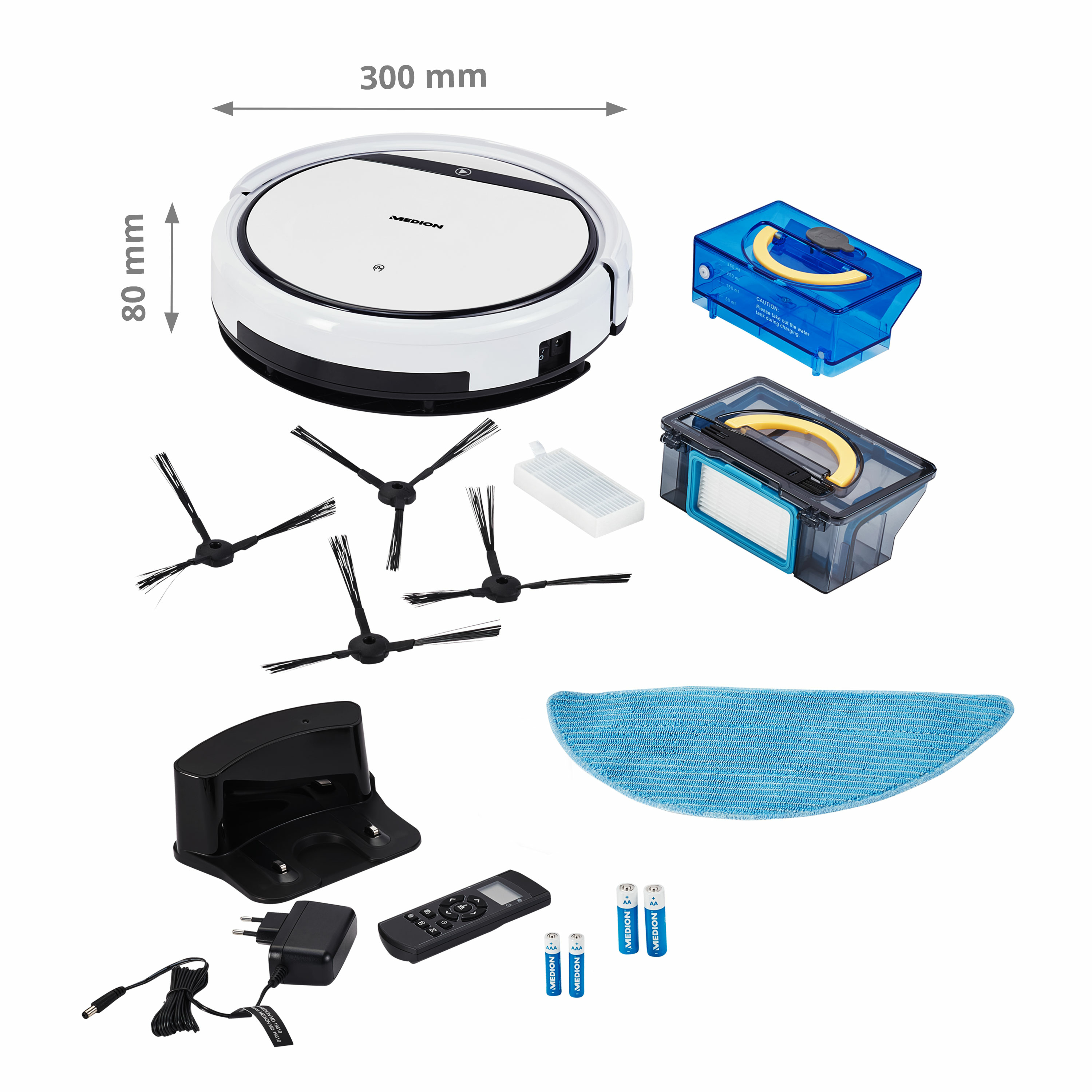 Robot odkurzający z akcesoriami: stacja ładująca, pilot, szczotki, filtry, zbiorniki na wodę, ściereczka, baterie.