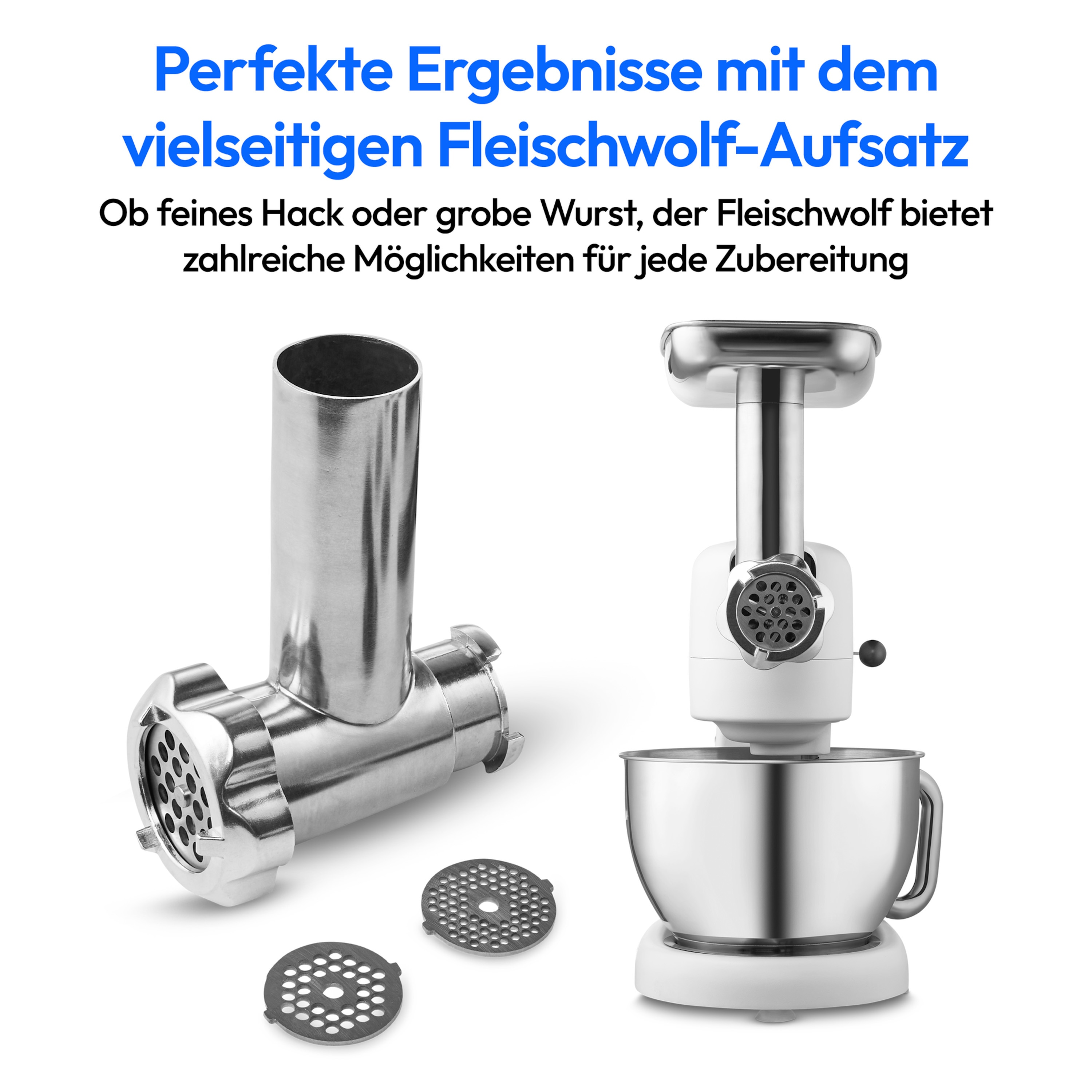 Das Bild zeigt einen Fleischwolf, zwei Schleifmaschinen und Text auf Deutsch. Es ist ein weißes Küchengerät.