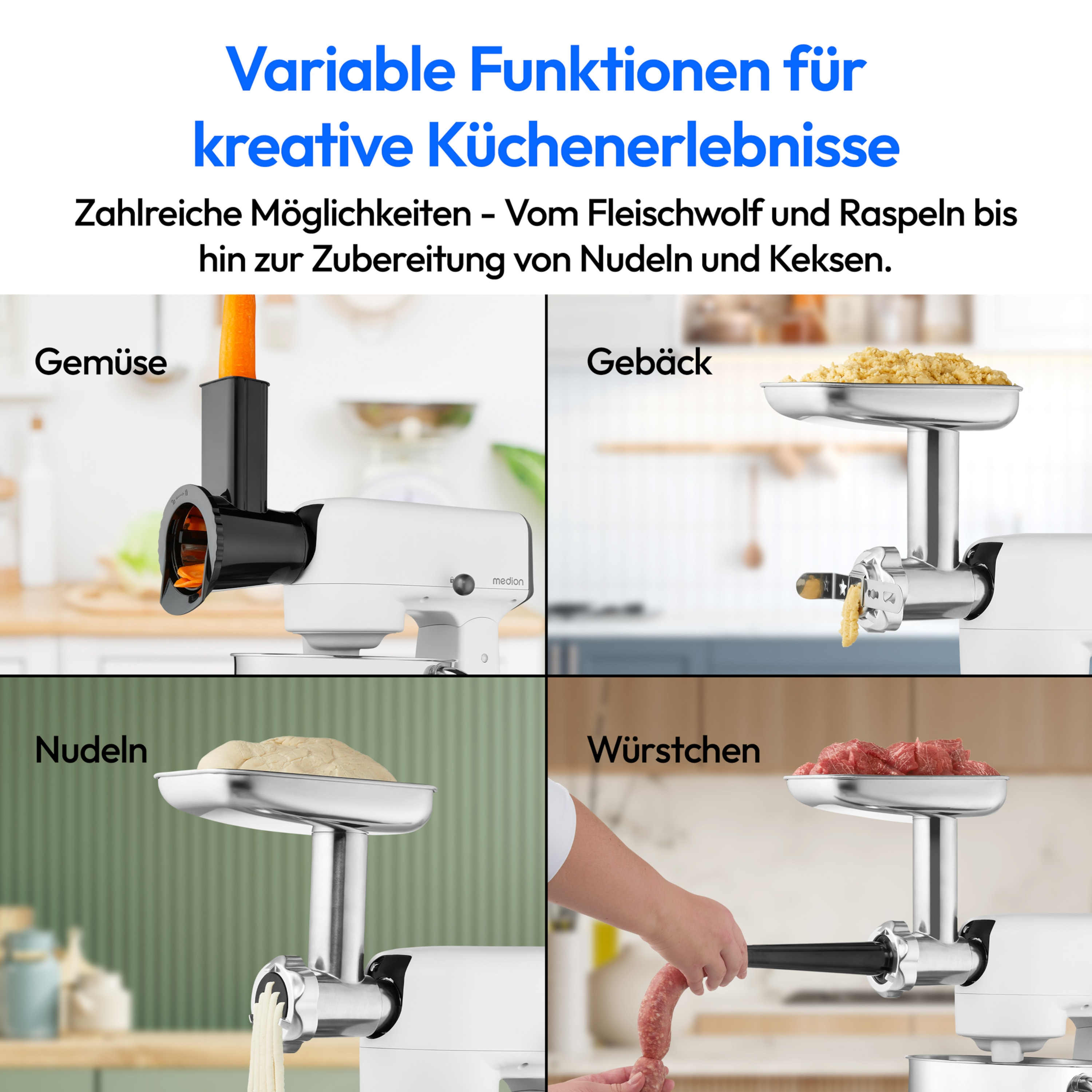Küchengerät demonstriert Funktionen: Gemüseschneiden, Mahlen, Nudelherstellung und Wurstfüllung.