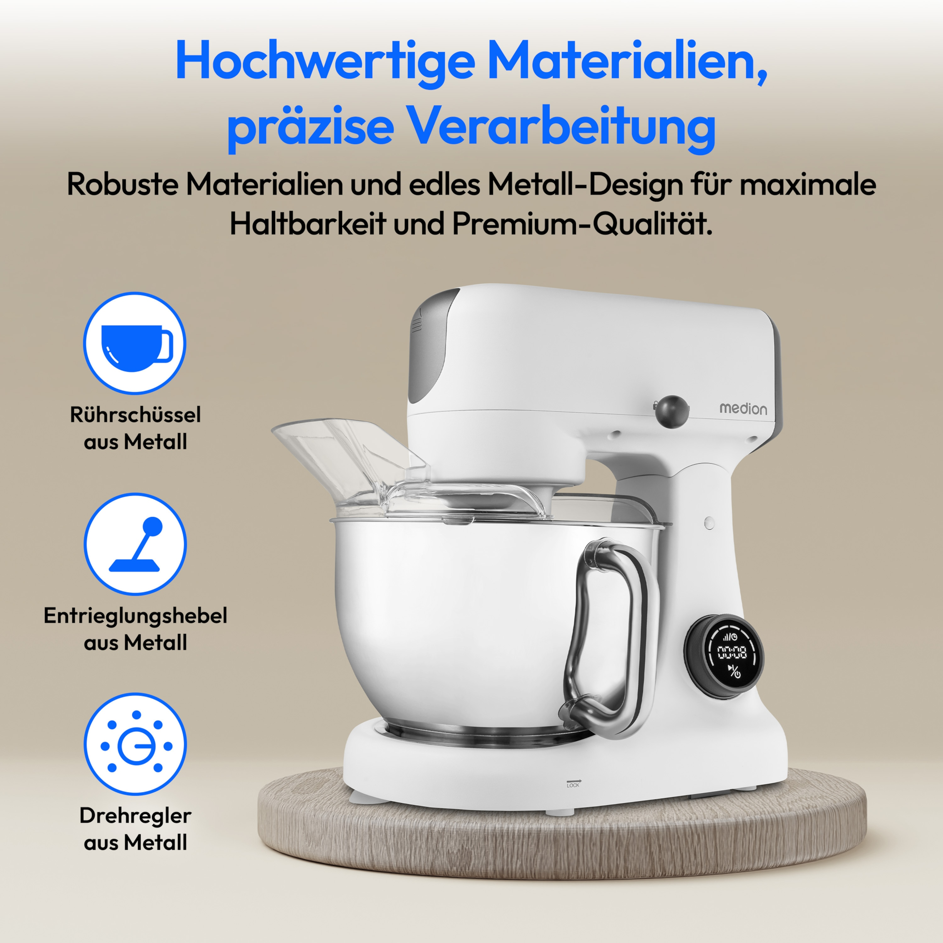 Ein weißer Küchenmixer mit einer Metallschüssel. Text auf Deutsch bewirbt hochwertige Materialien und Design.