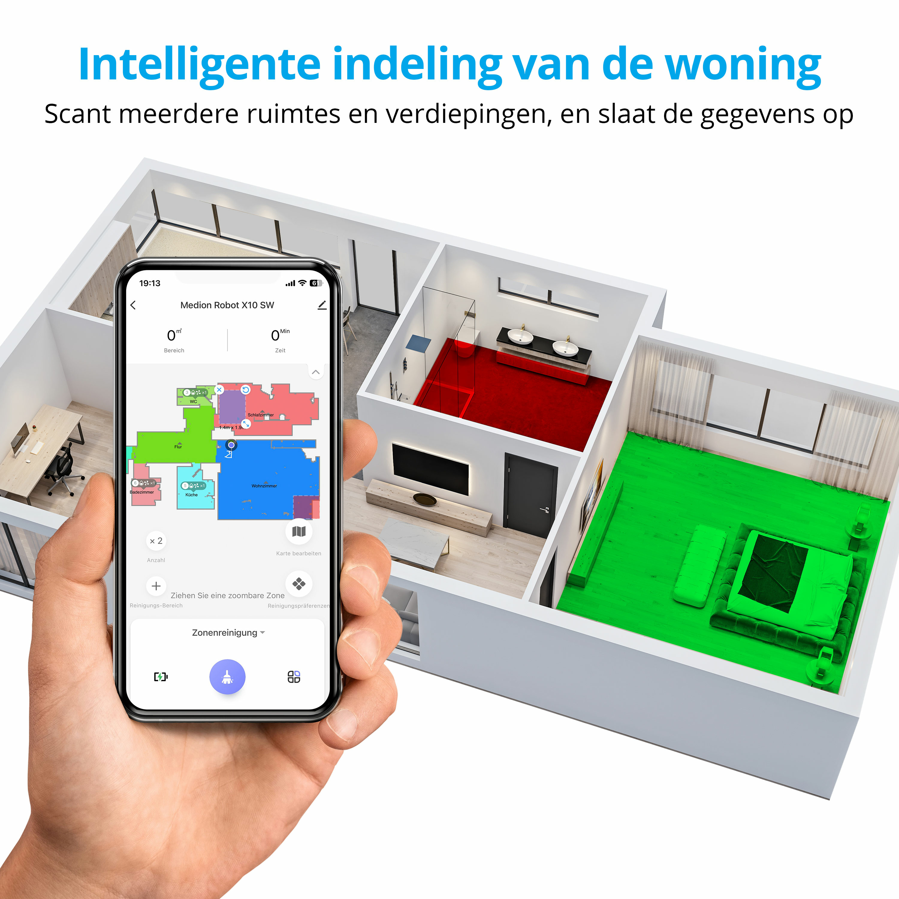 Ręka trzyma telefon z planem piętra. Pokoje są oznaczone kolorami. Model domu znajduje się w tle.