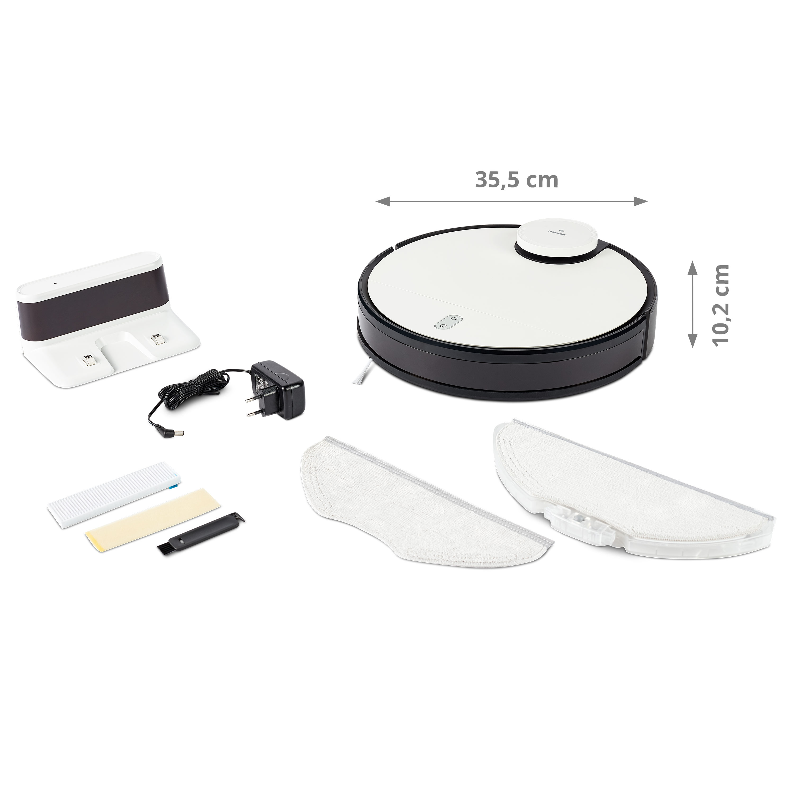Odkurzacz robot z akcesoriami. Zawiera stację ładującą, zasilacz, mopy i filtry, wszystko białe i czarne.