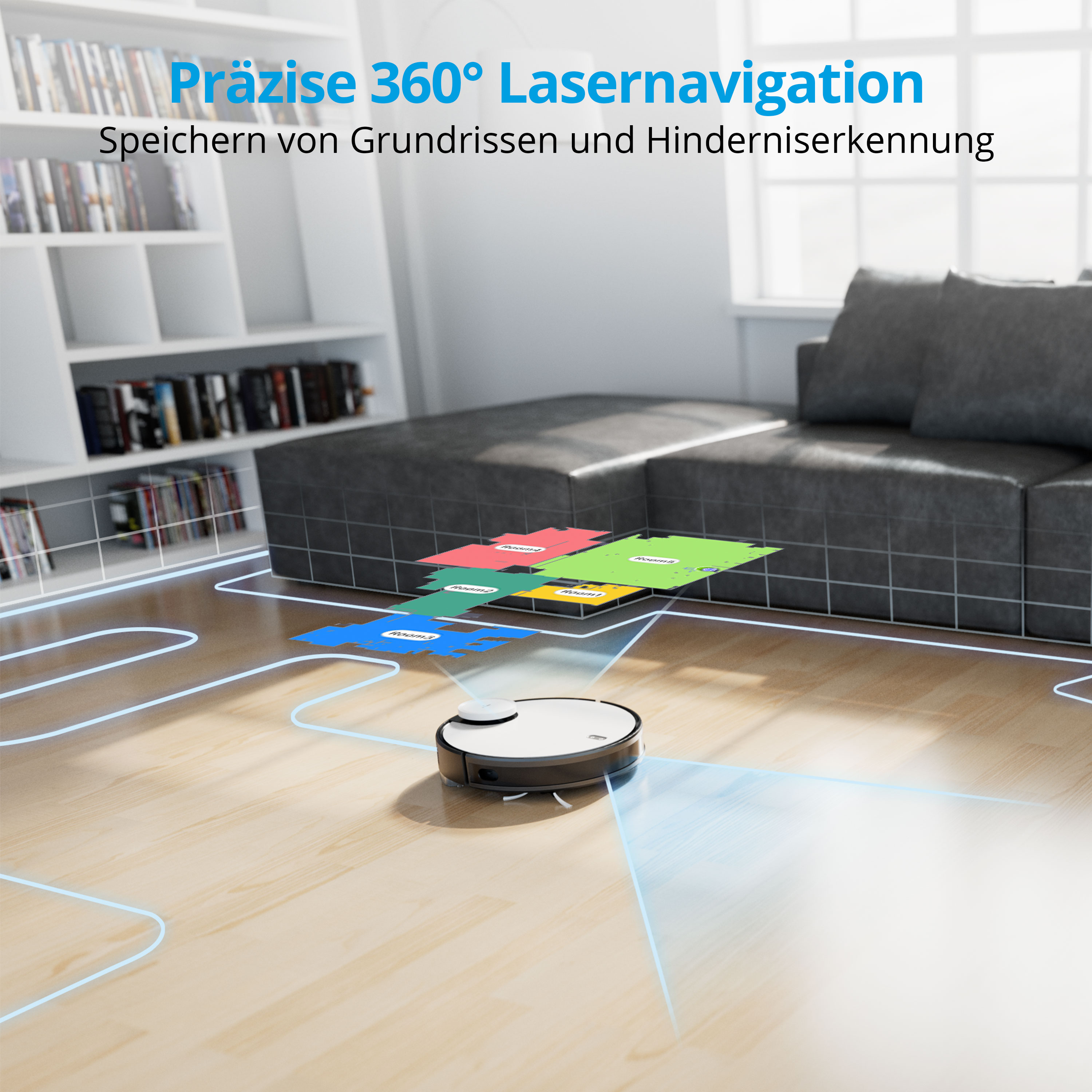 Robot odkurzający mapujący pomieszczenie z nawigacją laserową. Widoczne są sofa, regał i układ pomieszczenia.