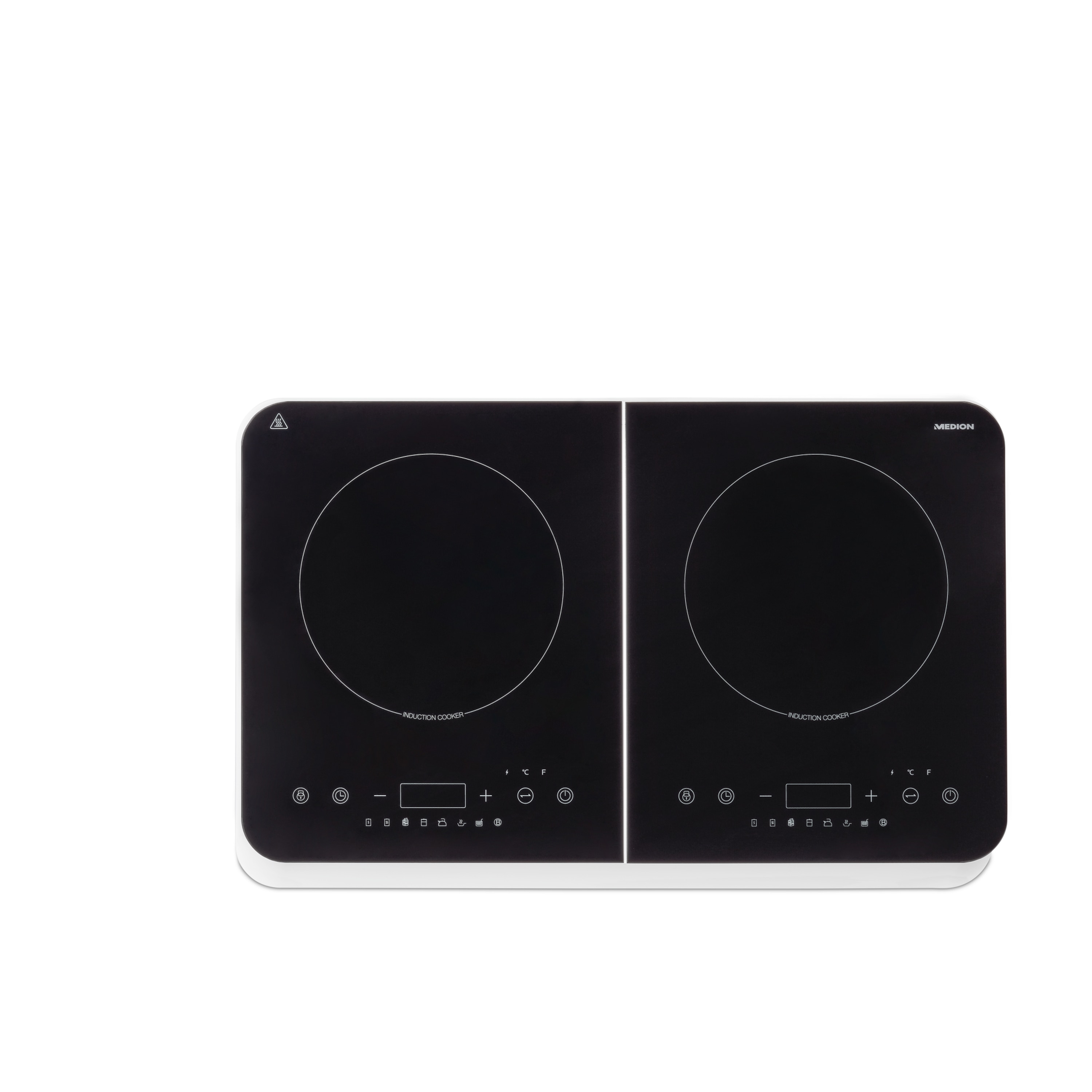 Czarna płyta indukcyjna z dwoma palnikami, panelem sterowania. Nazwa marki MEDION znajduje się w prawym górnym rogu.