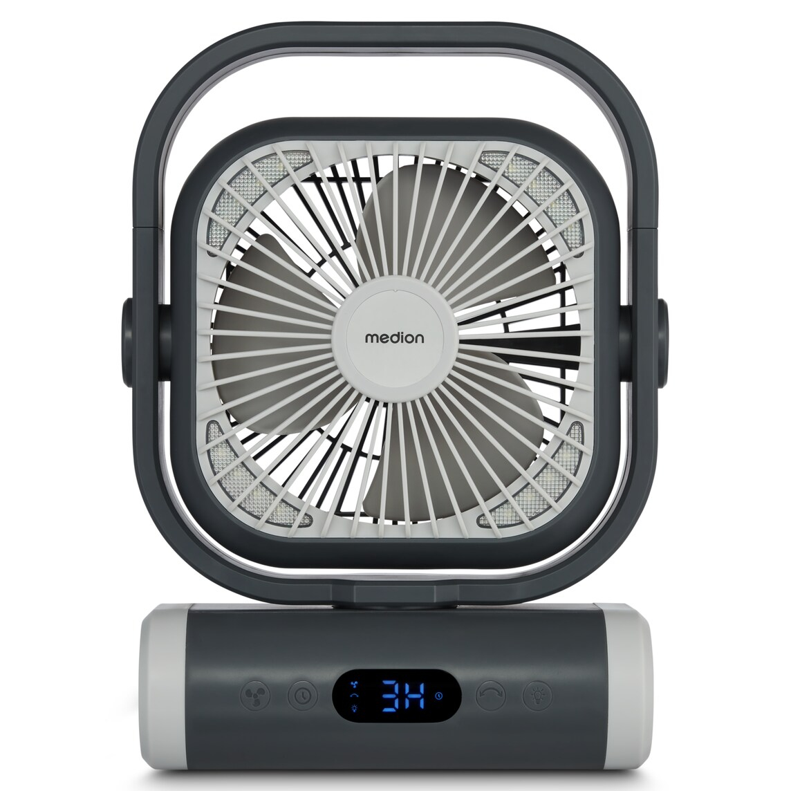 A grey and white Medion fan with a digital display showing '34'. It has a handle and a square design. The background is white.
