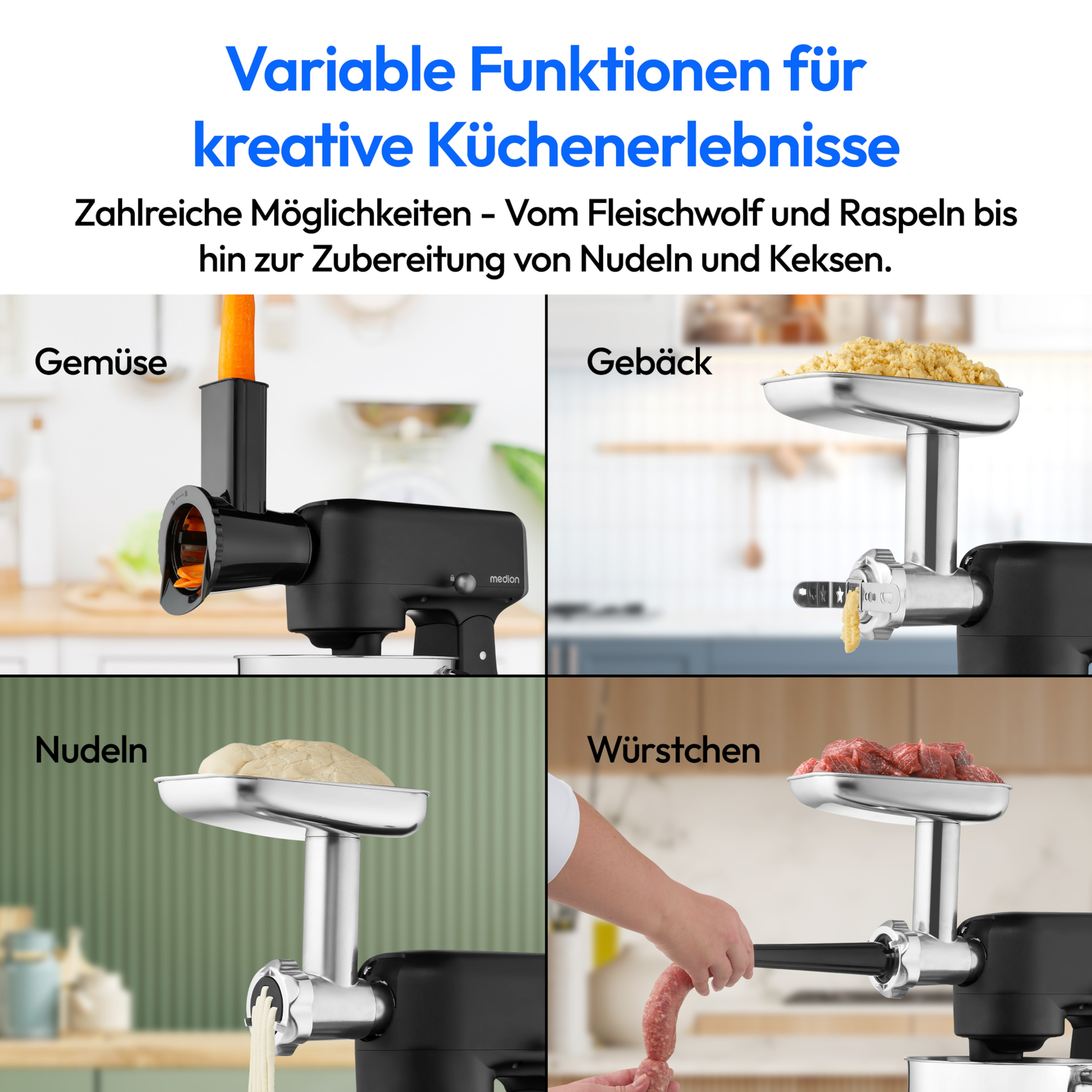 Bild zeigt einen Food Processor mit verschiedenen Aufsätzen für verschiedene Küchenaufgaben: Gemüse, Backwaren, Nudeln und Würstchen.