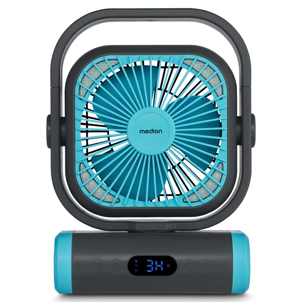 A teal and gray electric fan with a digital display showing '34'. The fan has a handle and a square frame around the blades.