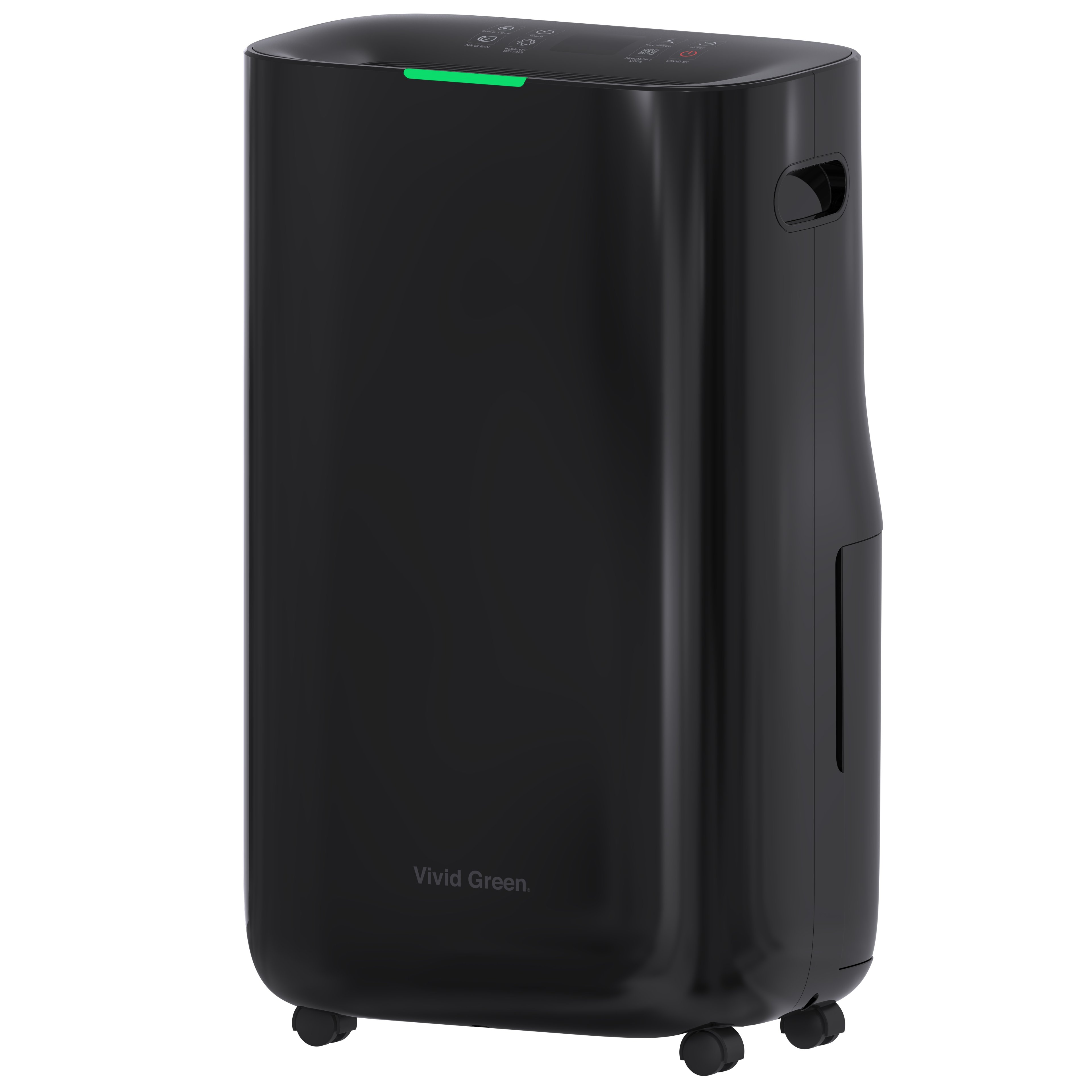 Zwarte luchtreiniger met groen licht, Vivid Green logo en wielen. Met bedieningspaneel.