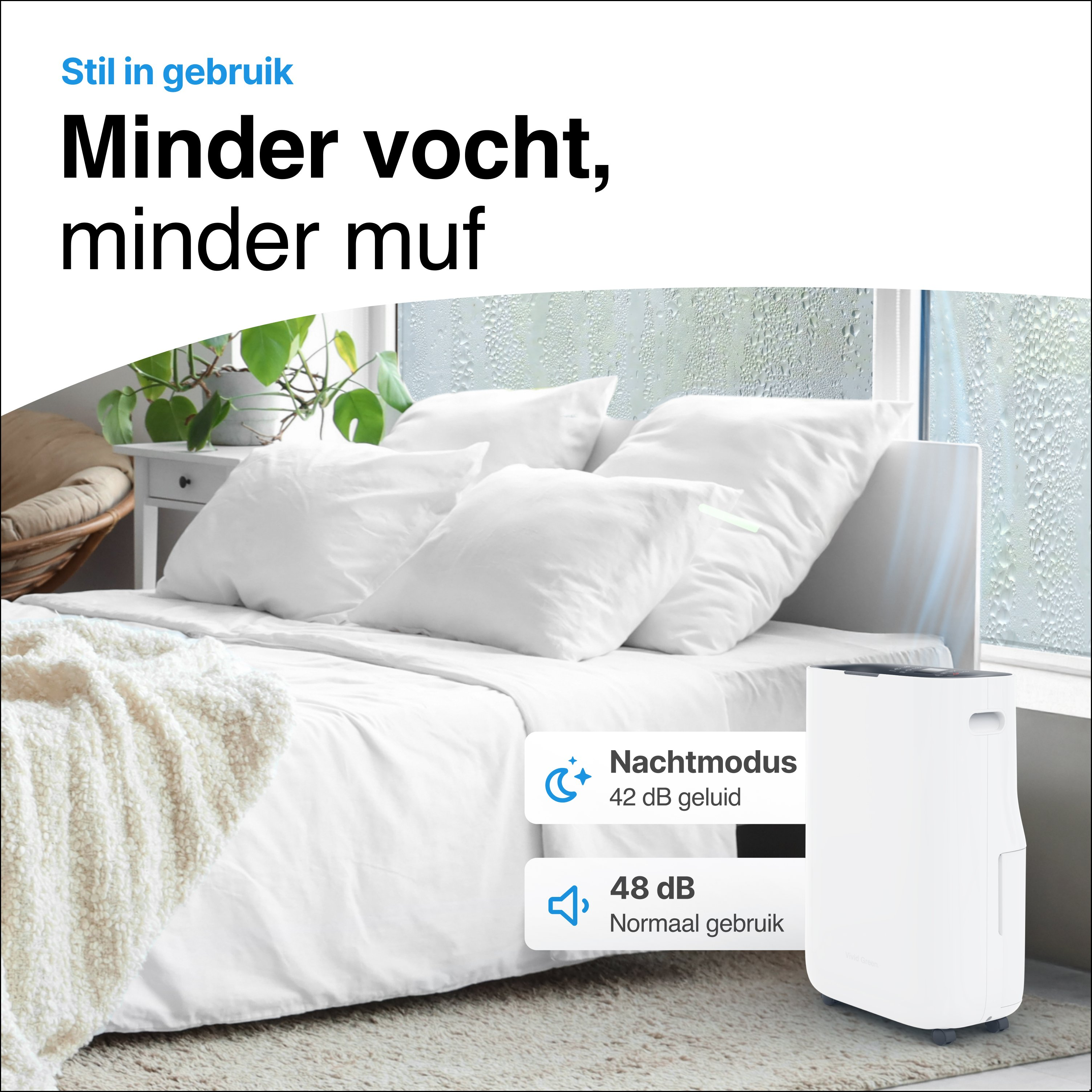 Een slaapkamer met bed, luchtontvochtiger en tekst: 'Minder vocht, minder muf'. Inclusief geluidsniveaus.