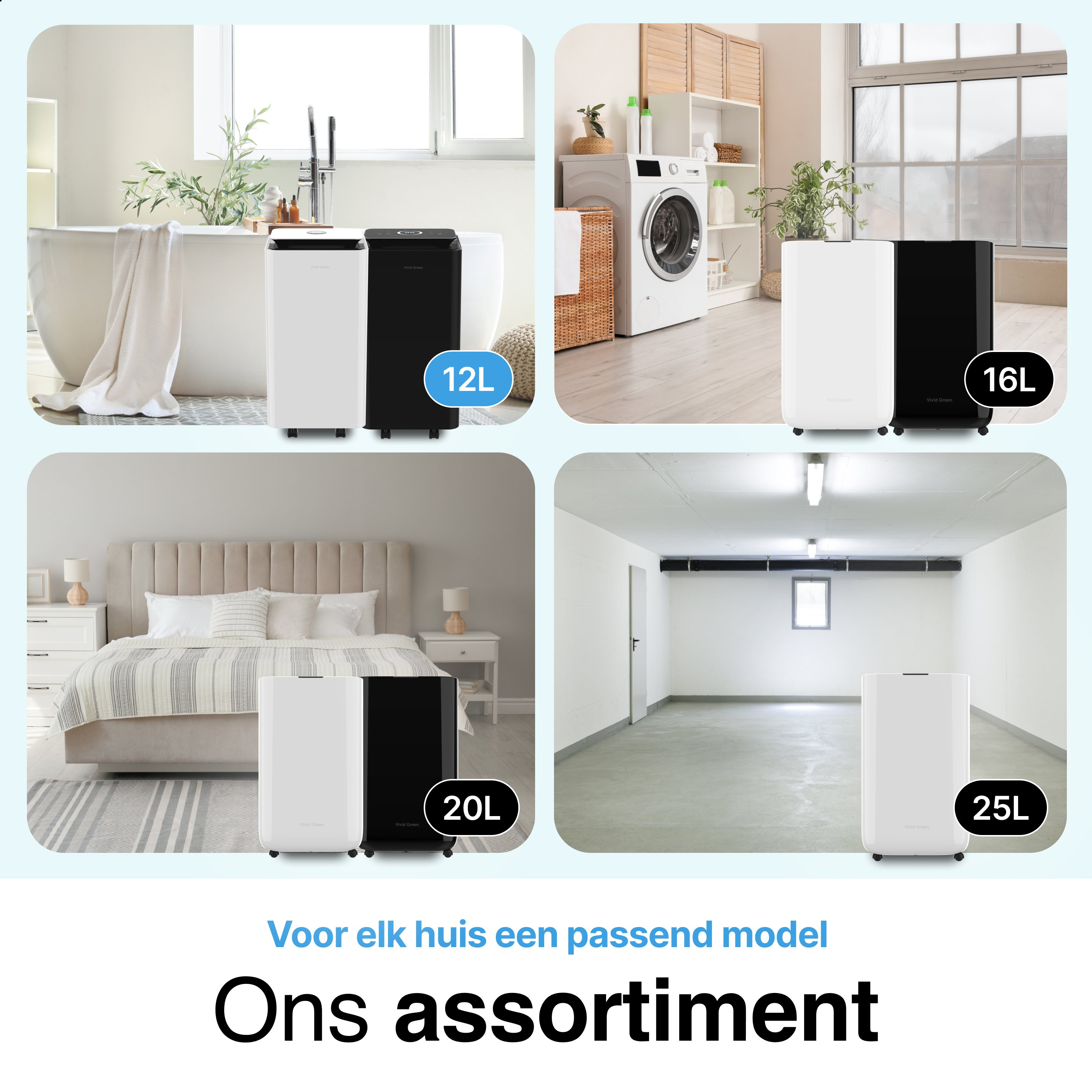Afbeelding met vier scènes met witte en zwarte luchtreinigers in verschillende kamers en maten.