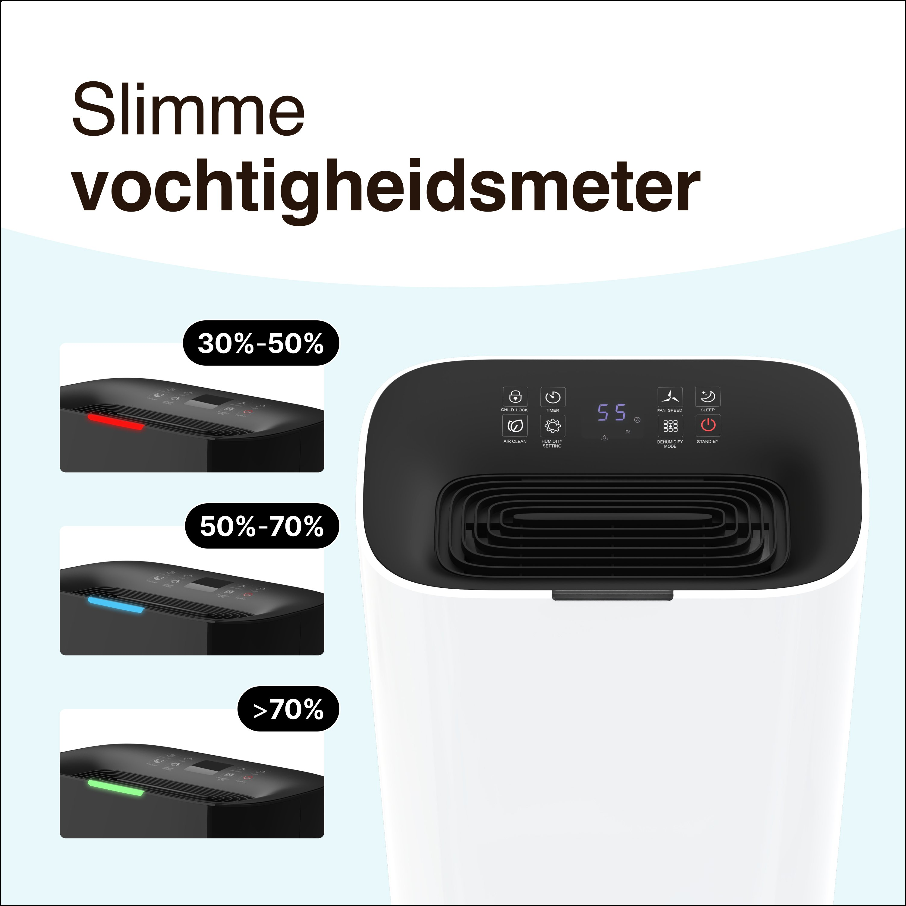 Een luchtbevochtiger met een zwart bovenkant en een witte behuizing. Toont vochtigheid via gekleurde lichten.
