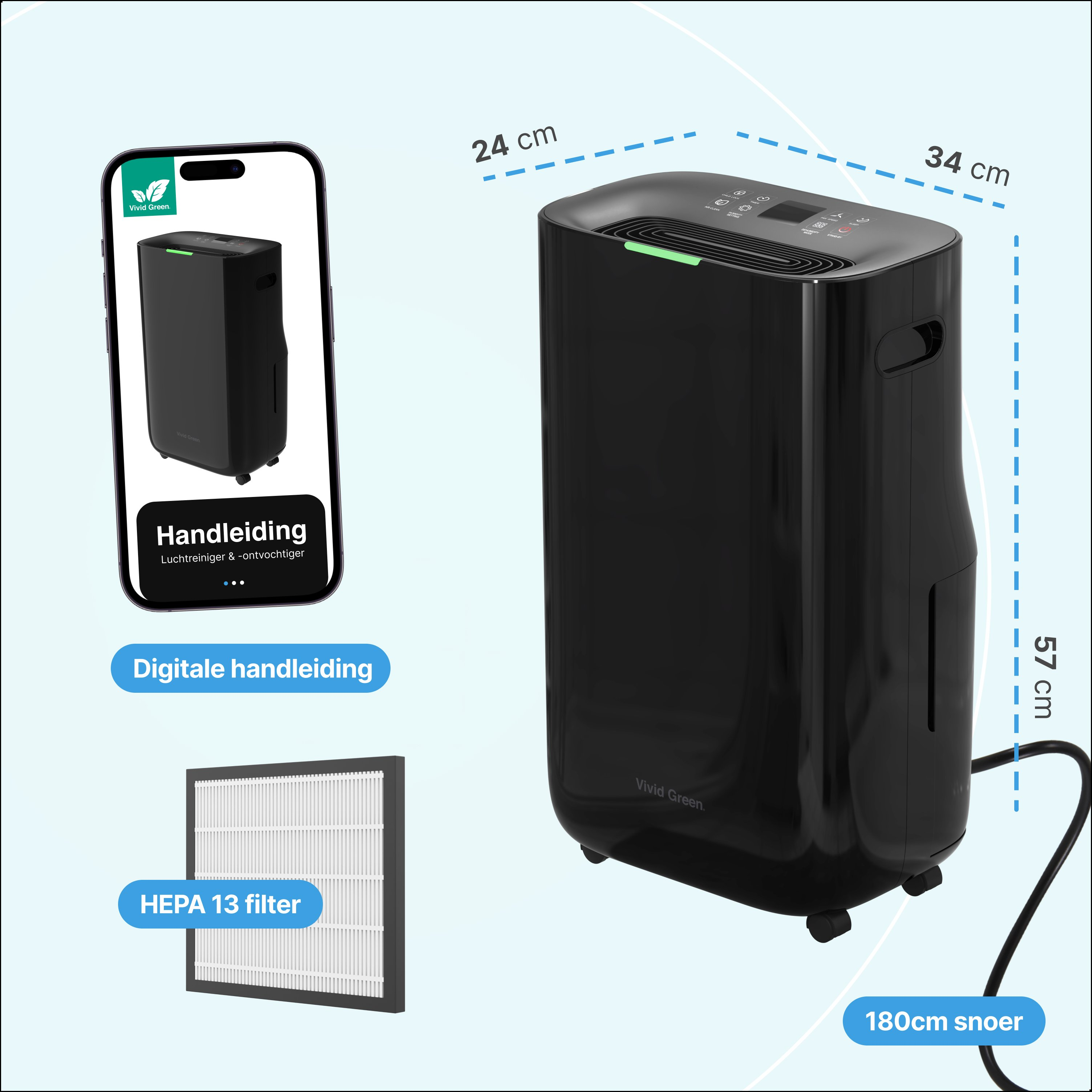 Een zwarte luchtreiniger met afmetingen, een digitale handleiding op een telefoon, een HEPA 13 filter en een snoer van 180 cm.