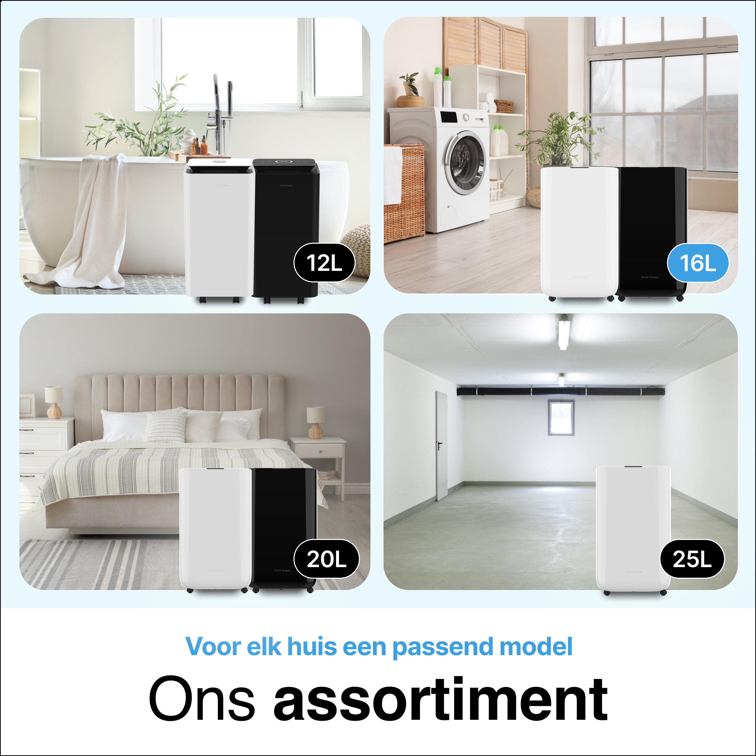 Afbeelding toont verschillende luchtreinigers in verschillende kamers, met tekst die de productlijn promoot.