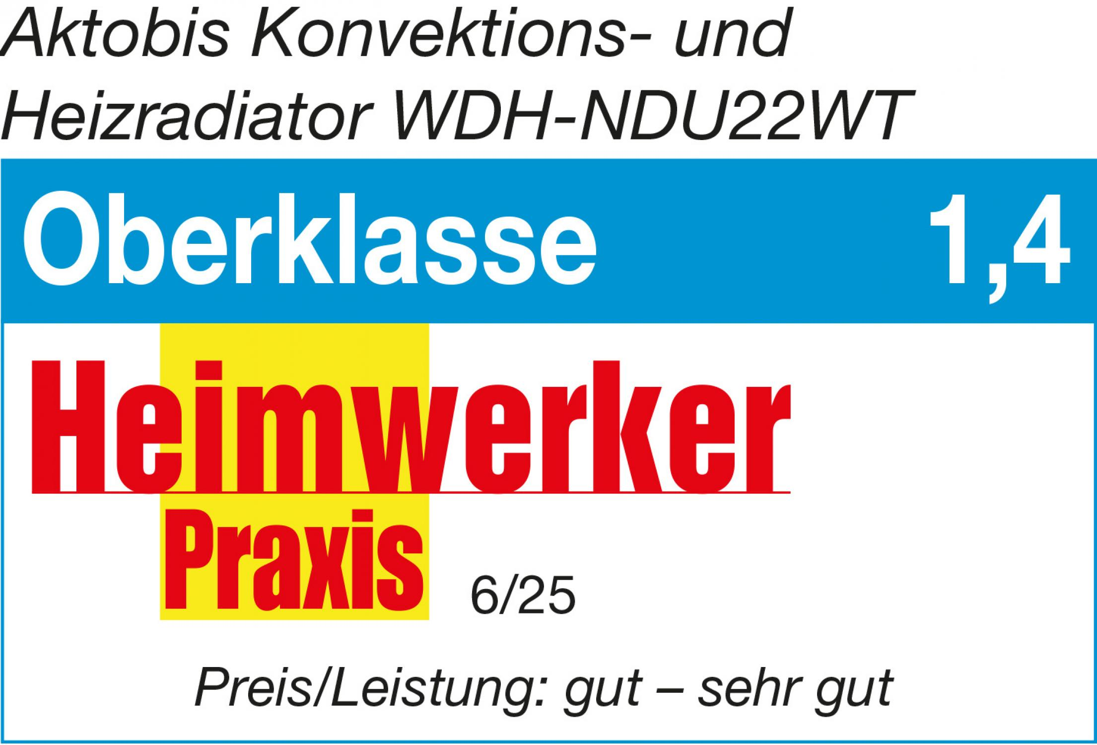 Bild mit Text: 'Aktobis Konvektions- und Heizradiator WDH-NDU22WT', 'Oberklasse', 'Heimwerker Praxis' und Bewertung 1,4.