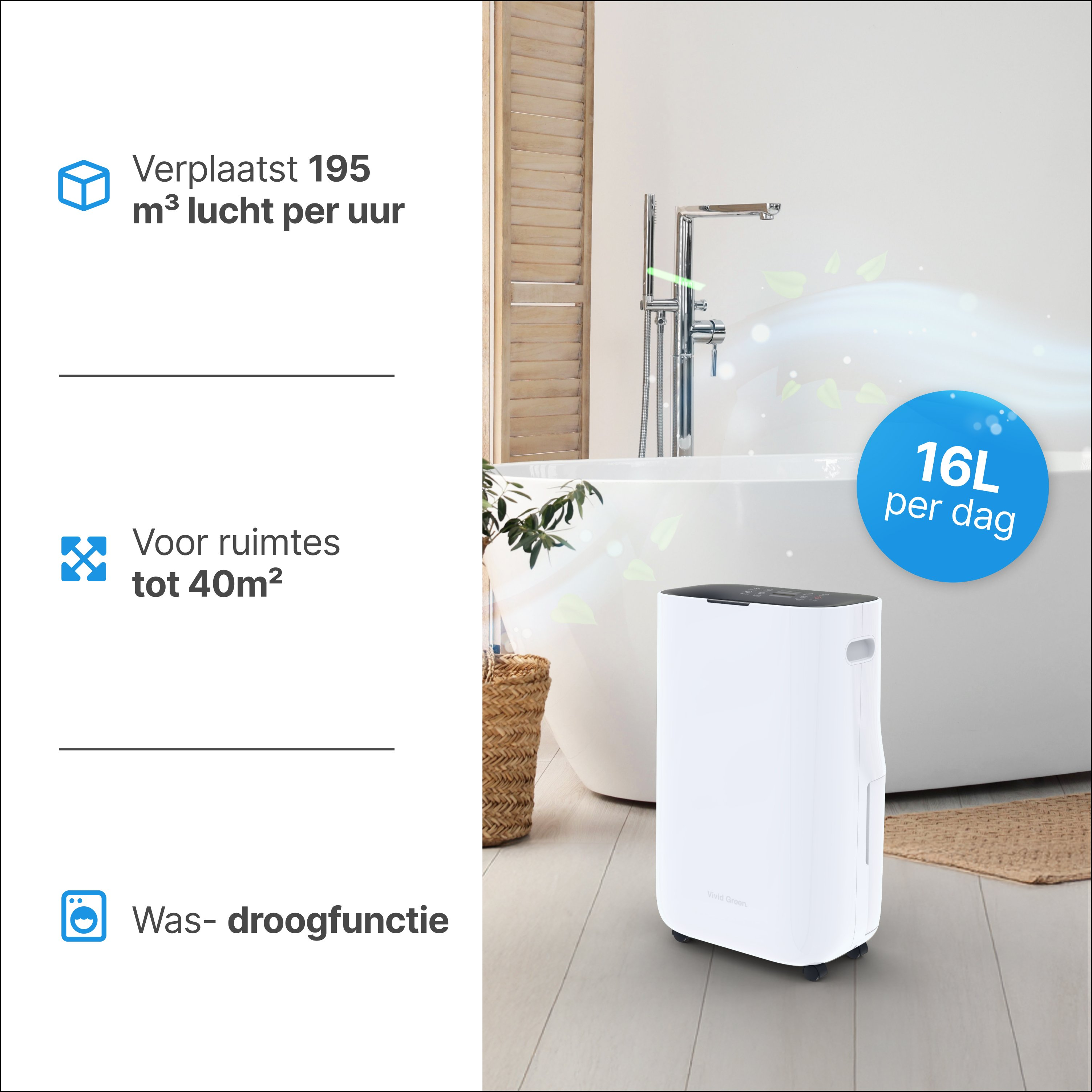 Een witte luchtontvochtiger in een badkamer. Het heeft een zwarte bovenkant en wielen. Tekstdetails over de capaciteit.