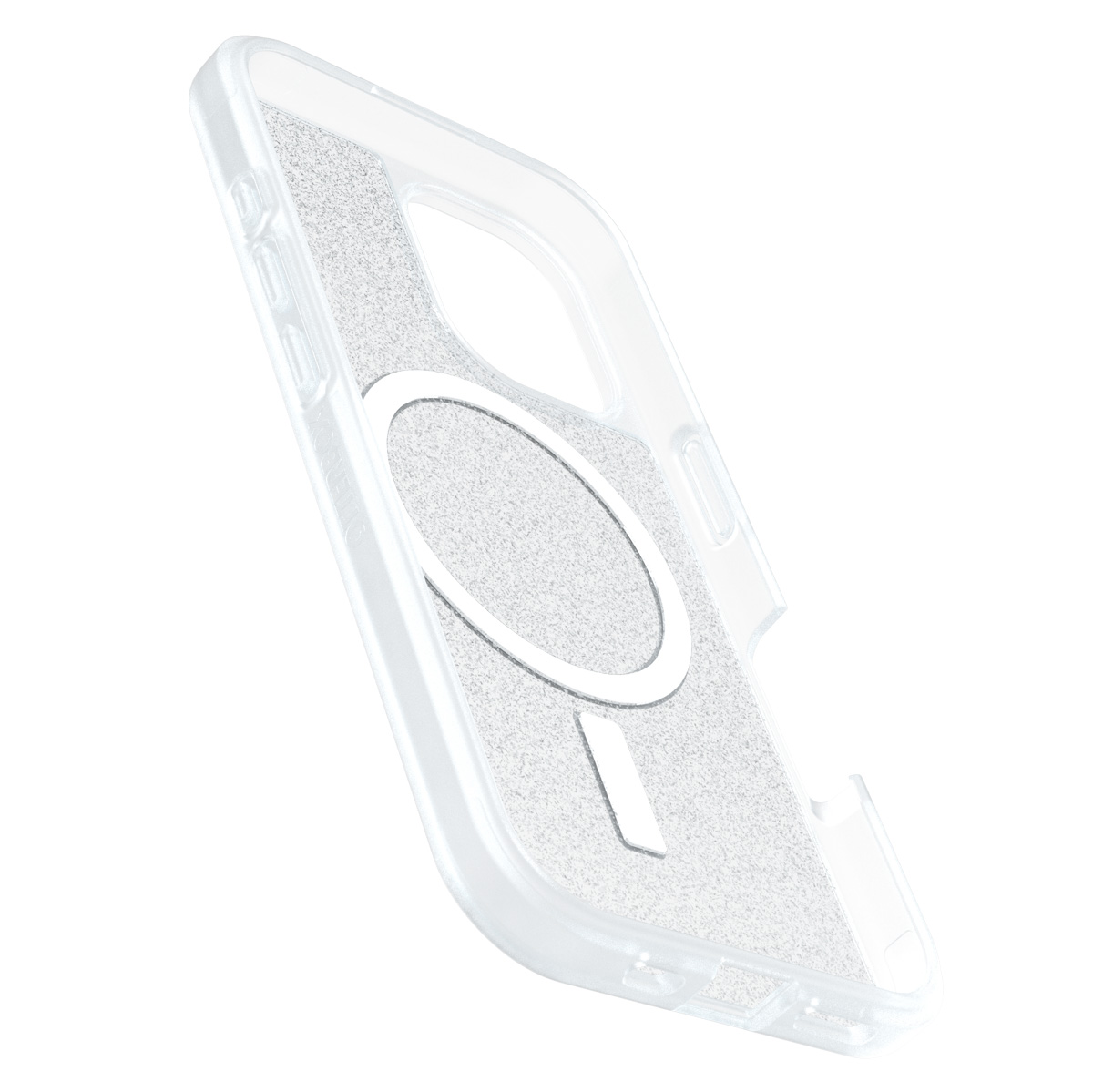 Coque de téléphone transparente avec anneau MagSafe et intérieur gris texturé. Vue en angle montre forme et design sur fond blanc.