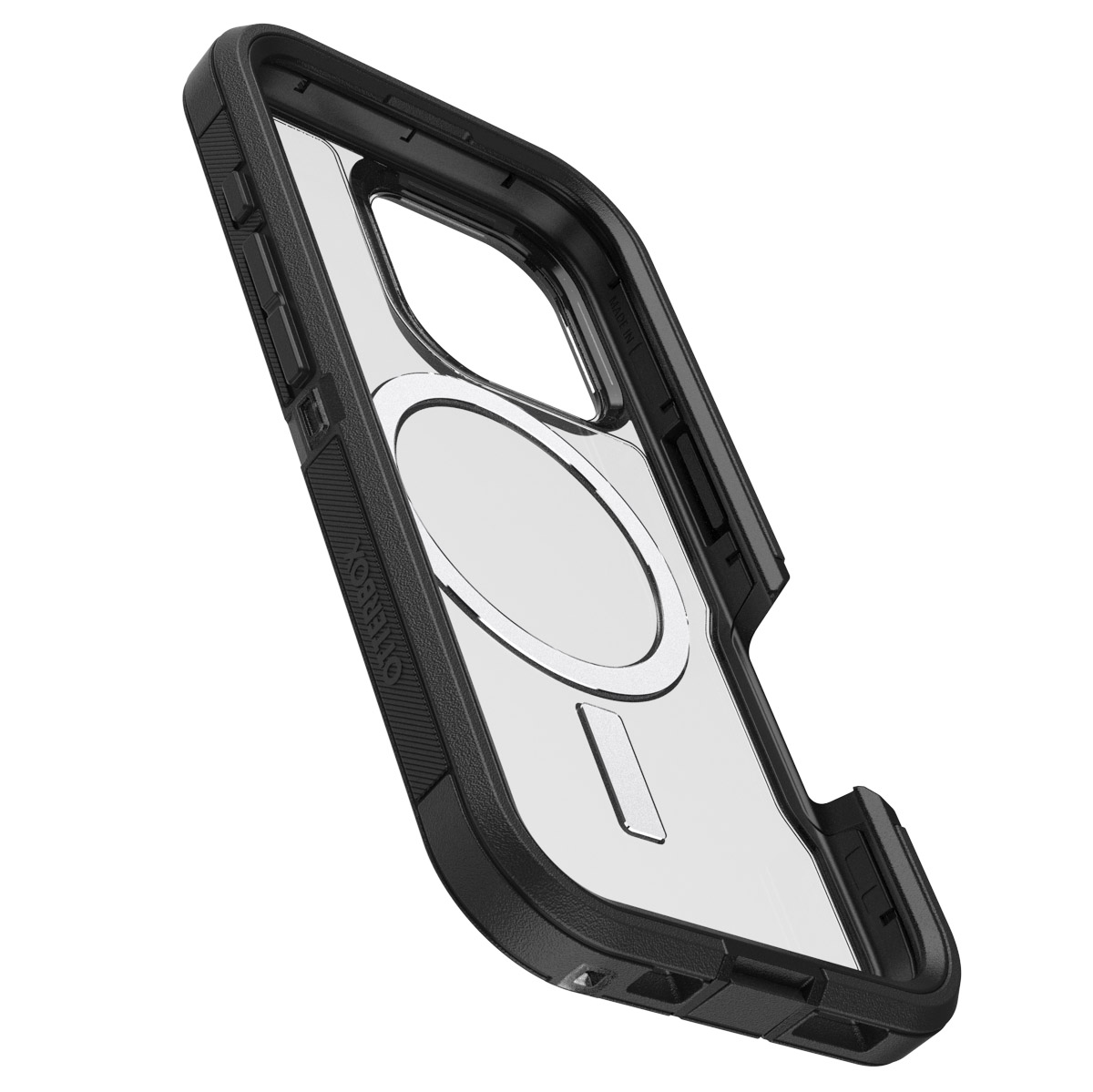 Una custodia per telefono nera e trasparente di Otterbox, angolata. La custodia è in plastica nera con un centro trasparente.
