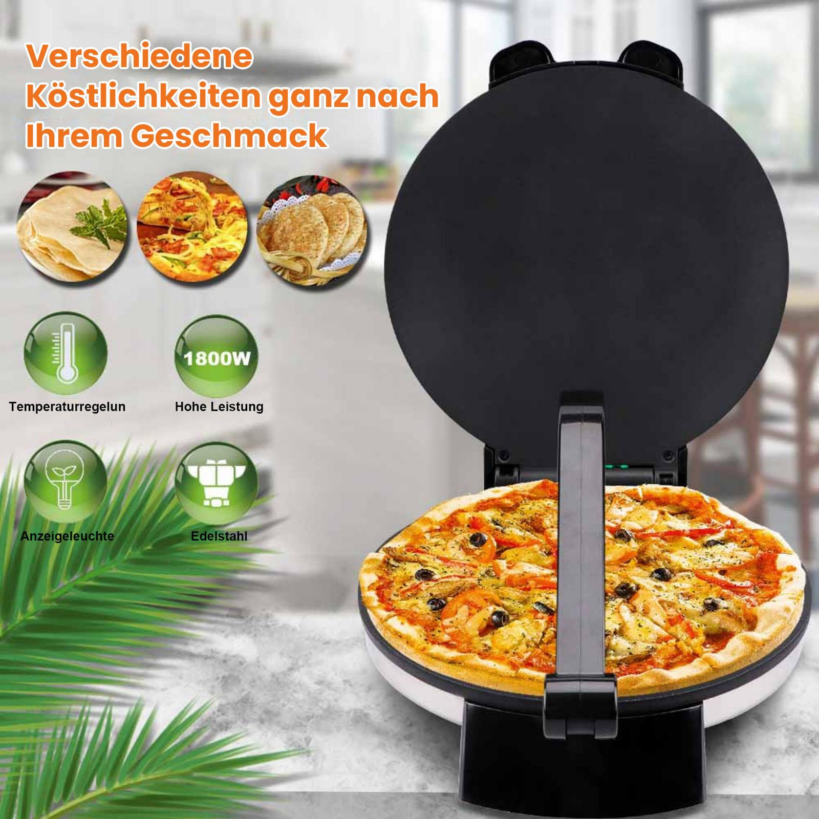Ein Pizzamacher mit offenem Deckel, der eine Pizza im Inneren zeigt. Auf der Seite befinden sich verschiedene Essensproben und Symbole.