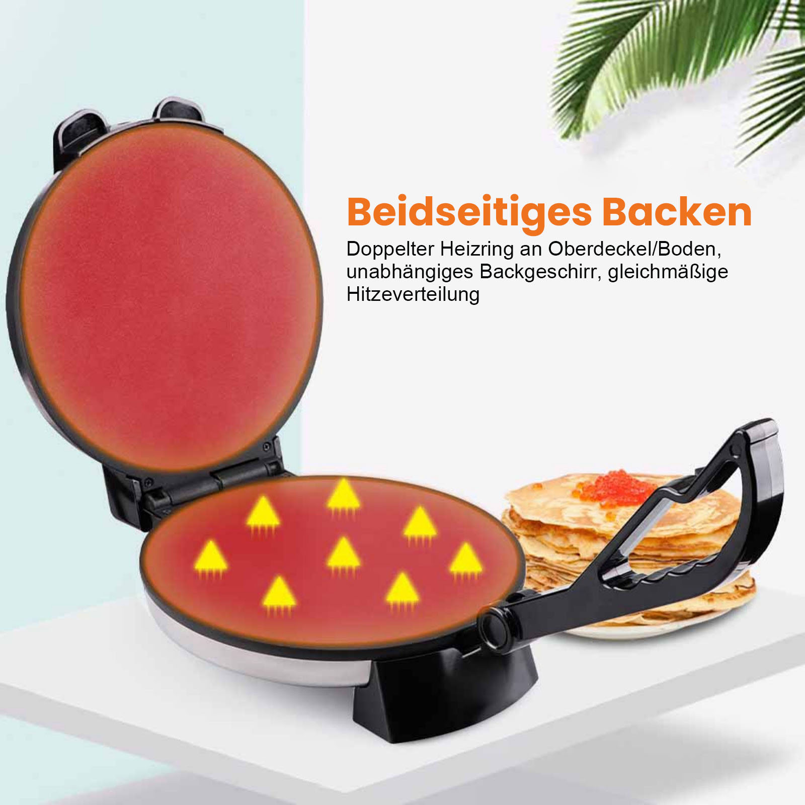 Ein offener Pfannkuchenmacher mit rotem Innenraum. Pfannkuchen mit Kaviar liegen daneben. Text: Beidseitiges Backen.