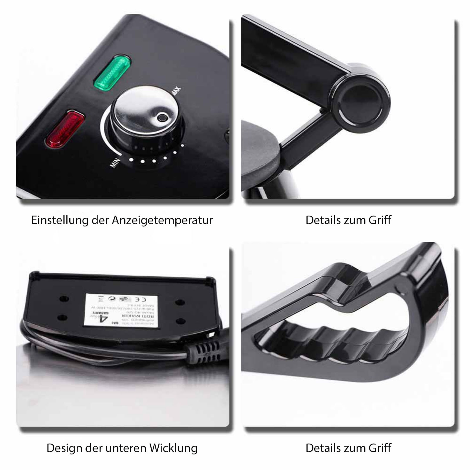 Detaillierte Aufnahmen eines schwarzen Roti-Machers: Bedienfeld, Griff, Basis und Griffdetails. Enthält Betriebsanzeige und Temperaturregelung.