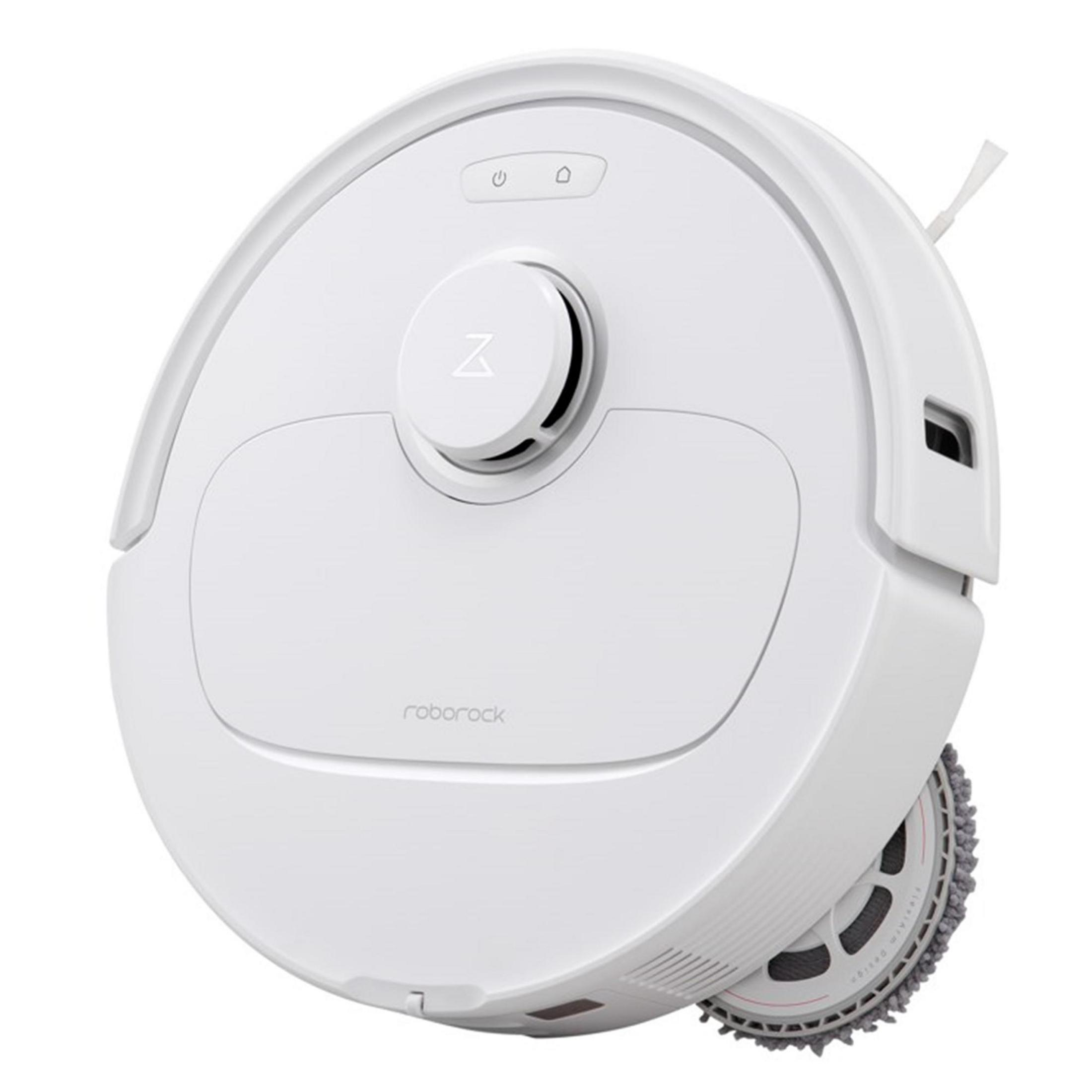 Ein weißer Roborock-Roboter-Staubsauger. Er hat eine kreisförmige Form mit einer zentralen Taste und einer Seitenbürste.