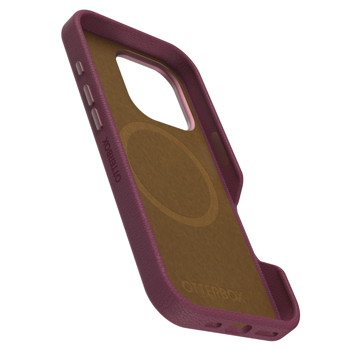 Gros plan sur une coque de téléphone Otterbox violette. L'intérieur est marron, avec une indentation circulaire. Le logo Otterbox est visible.