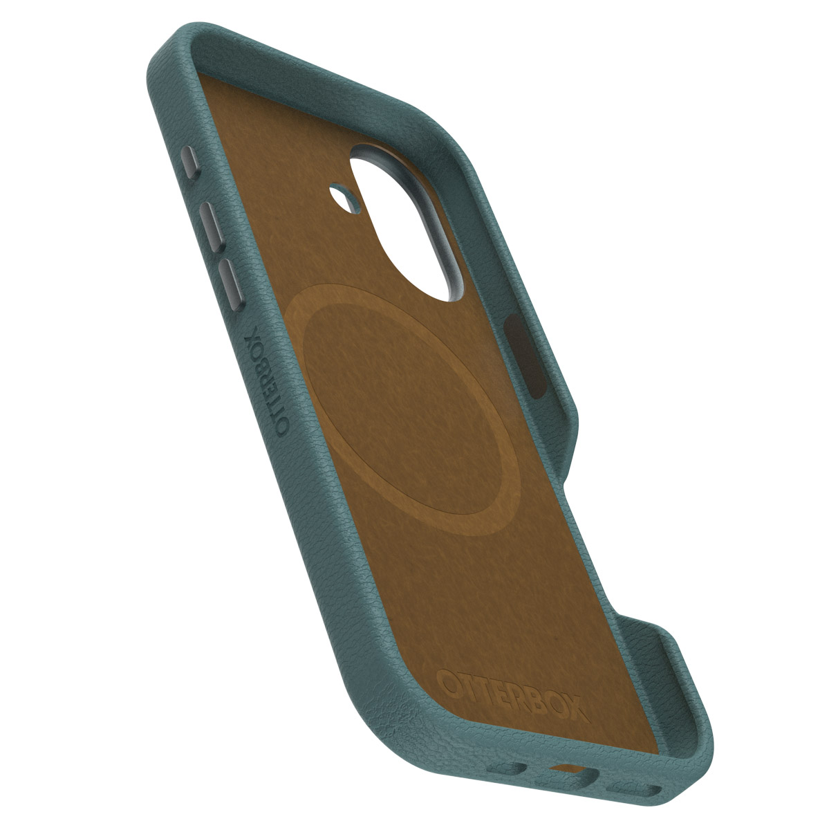 Une coque de téléphone turquoise avec intérieur marron, logo Otterbox. La coque est texturée et possède des découpes pour boutons.