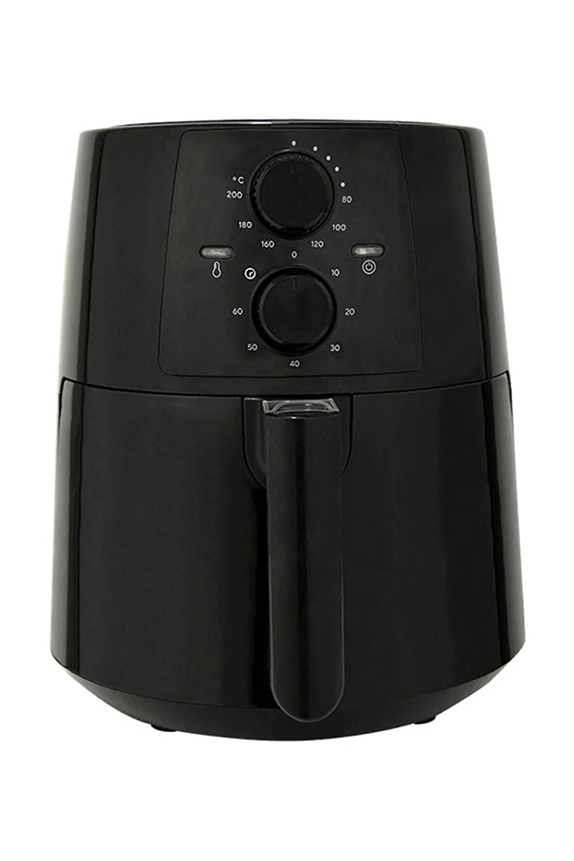 Beyaz zemin üzerinde siyah bir airfryer. İki kadranı, bir kolu ve sıcaklık ve zaman ayarlarını gösteren rakamları var.