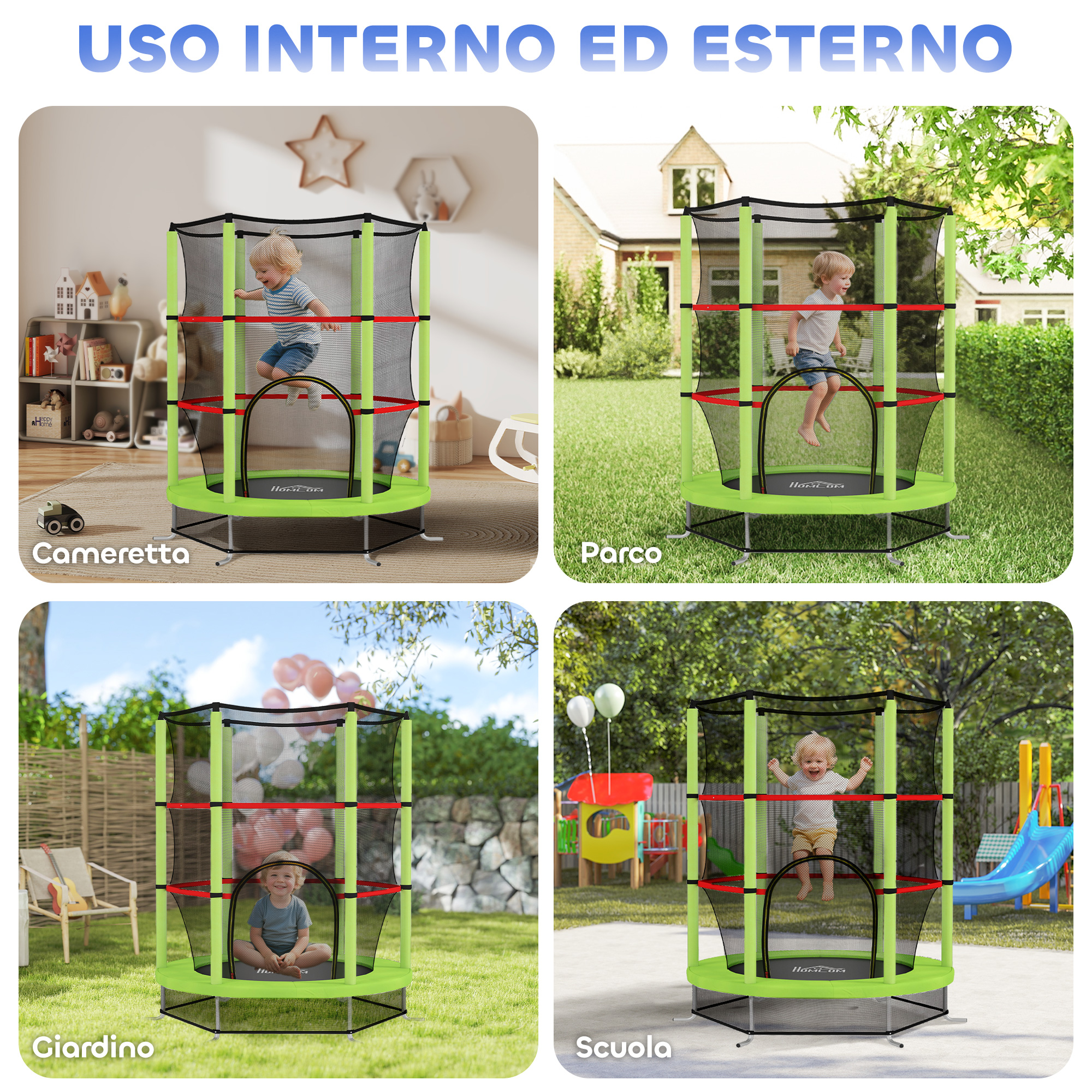 Un collage mostra un trampolino verde in diversi ambienti. I bambini saltano sui trampolini. Scenari: camera da letto, parco, giardino e scuola.