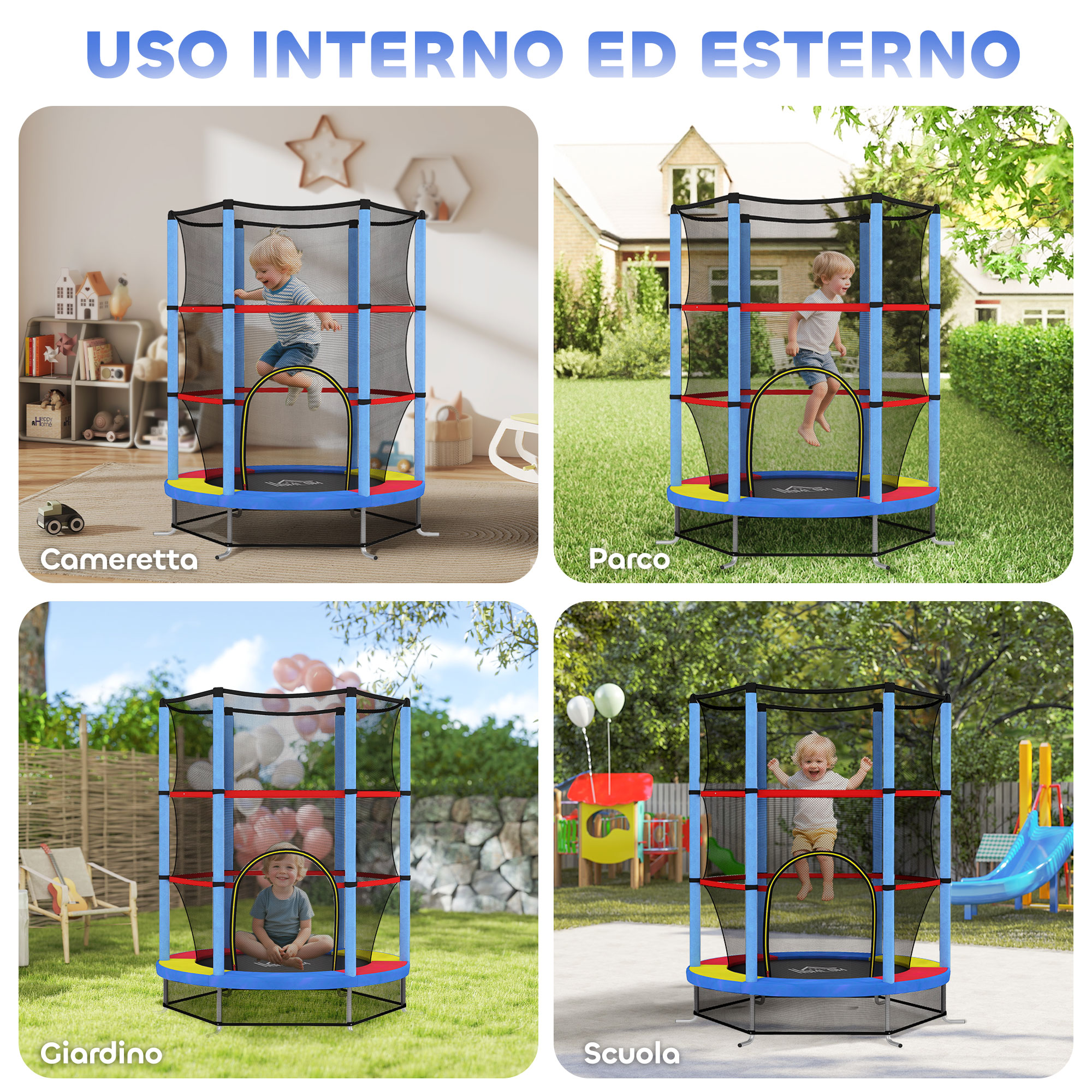 L'immagine mostra un bambino che gioca su un trampolino in quattro ambientazioni diverse: camera da letto, parco, giardino e scuola.
