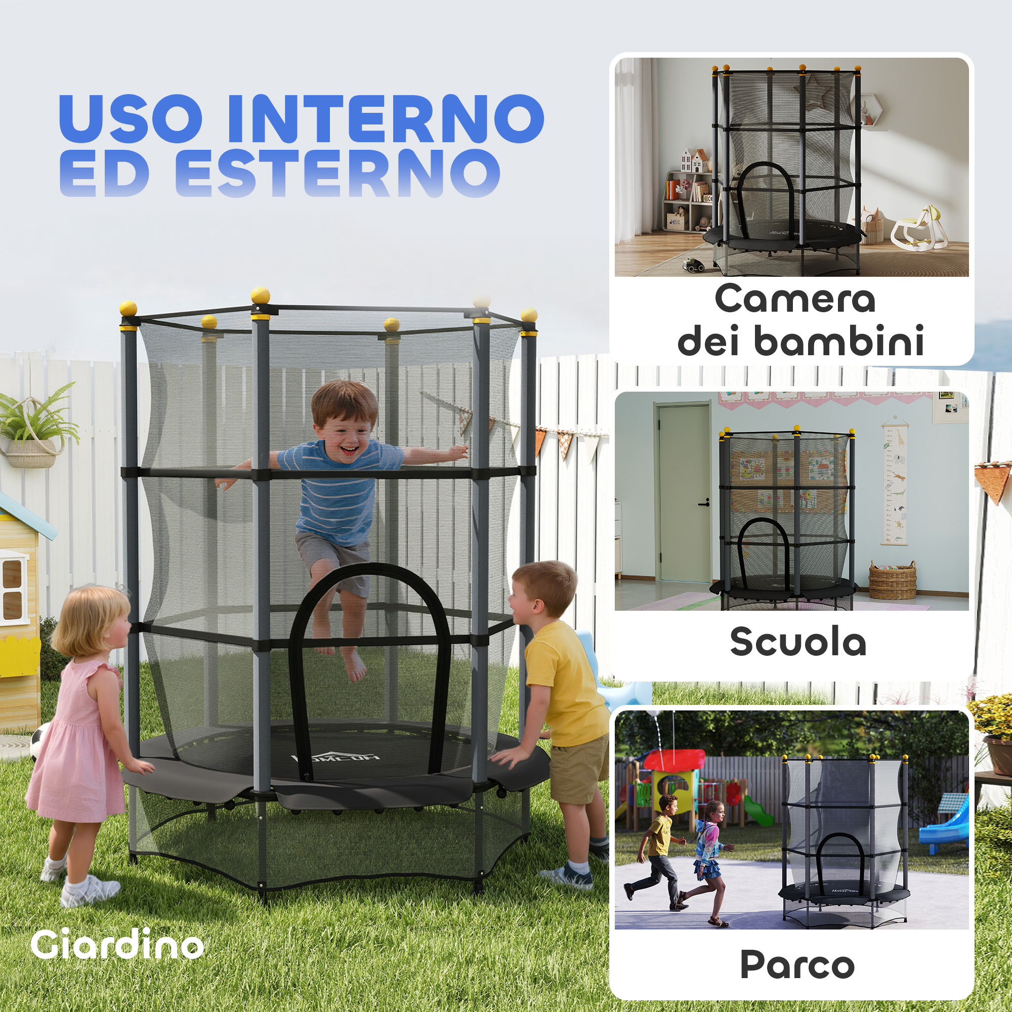 Un trampolino per bambini con rete di sicurezza. I bambini ci giocano. L'immagine mostra il trampolino in luoghi diversi.