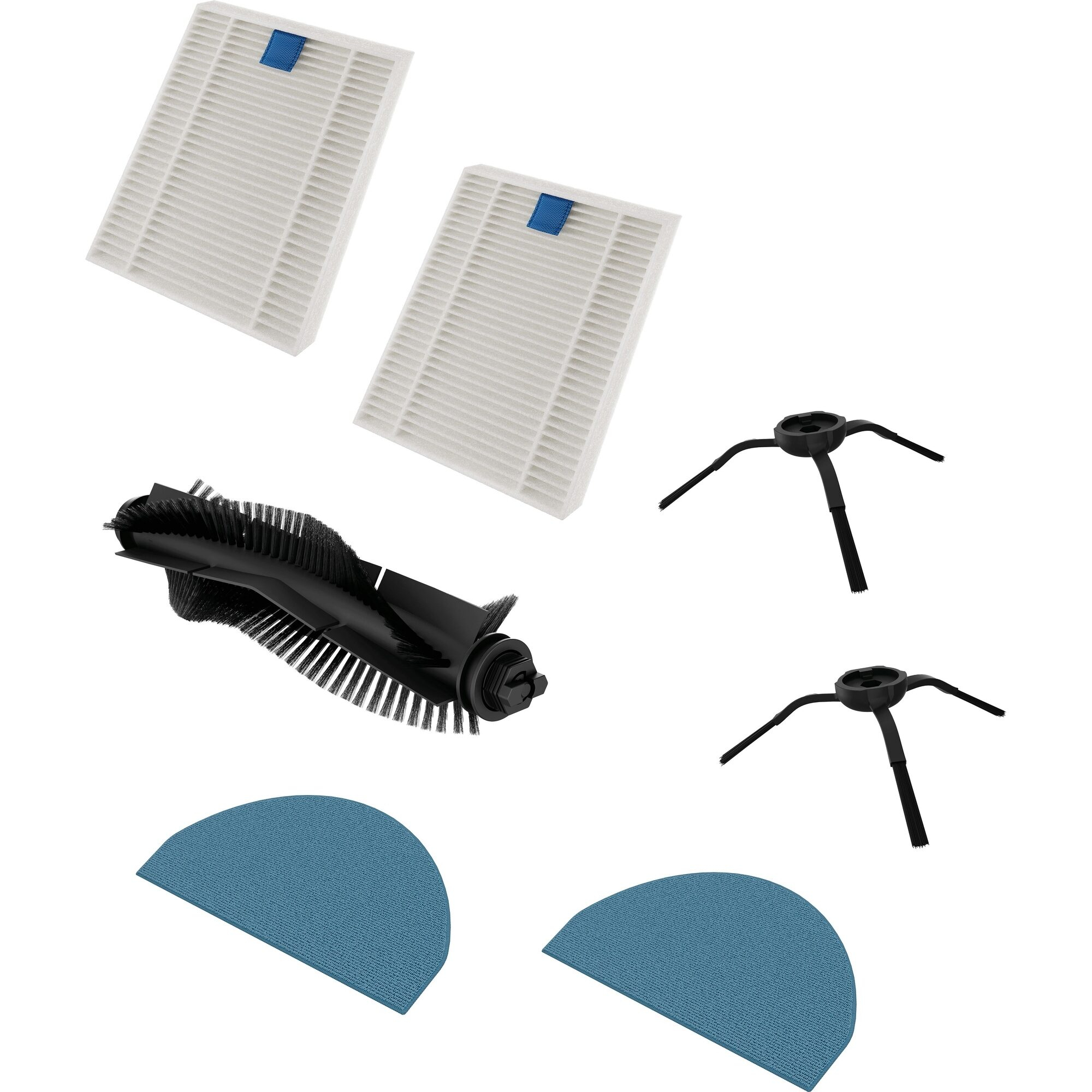 Piezas de aspiradora robot: filtros, cepillo, cepillos laterales y almohadillas de limpieza sobre fondo blanco.