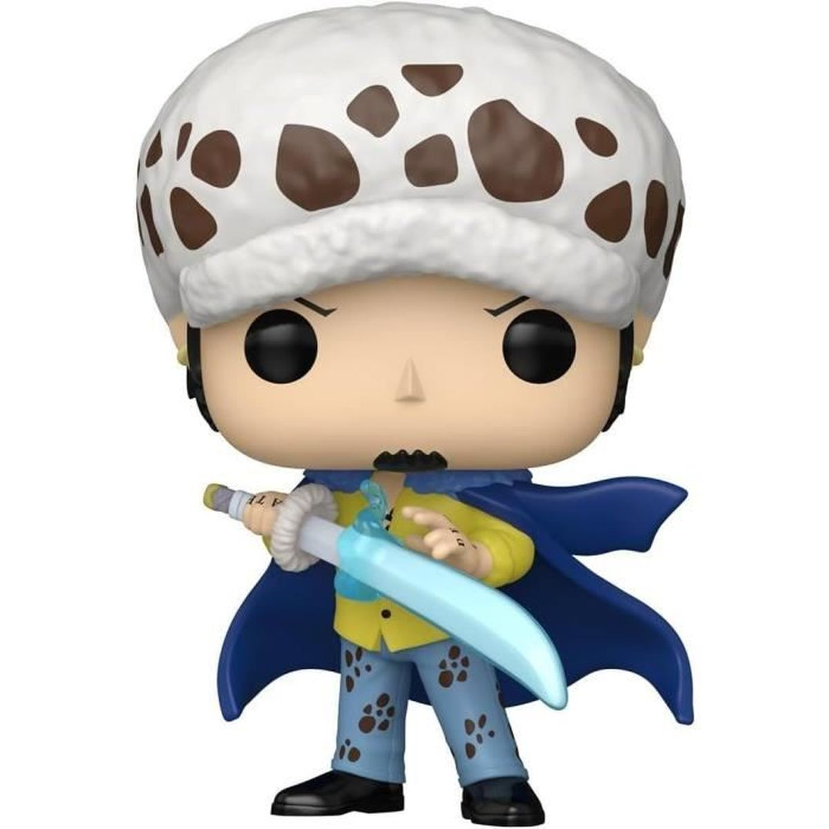 Figura Funko Pop de Trafalgar Law, con sombrero manchado, capa azul, camisa amarilla, pantalones azules y espada.