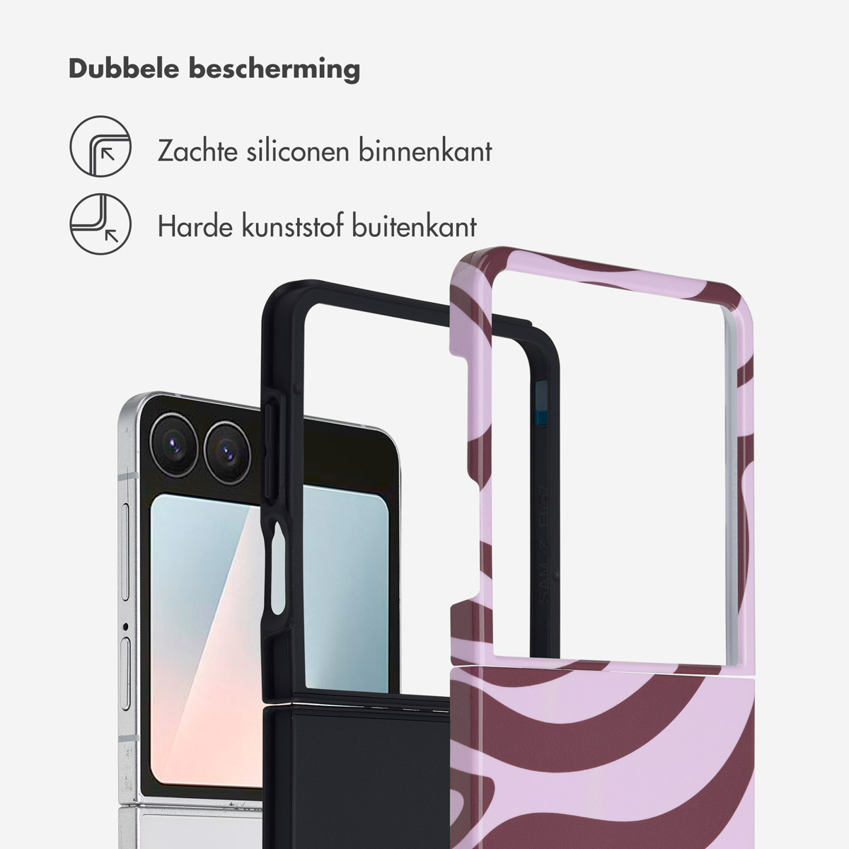 Un téléphone avec un étui noir et rose est montré. L'étui a un motif de vagues. Le téléphone est ouvert. Le texte en haut dit 'Double protection'.