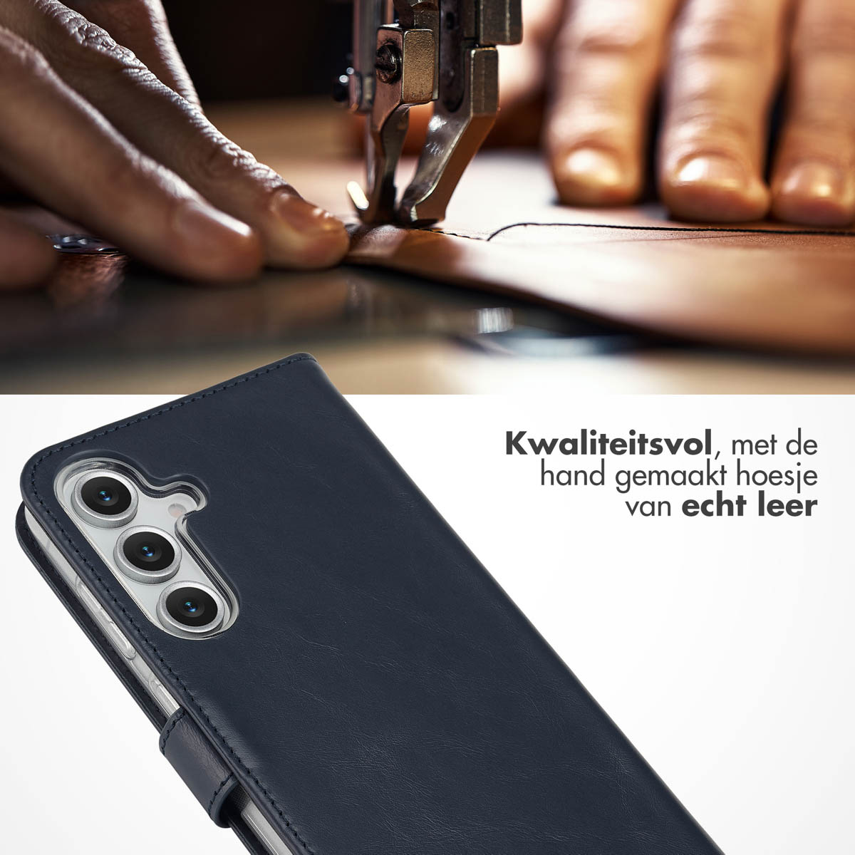 Handen die leer naaien met een machine. Een donkerblauwe leren telefoonhoes staat op de voorgrond. Tekst: Kwaliteit, handgemaakte hoes van echt leer.