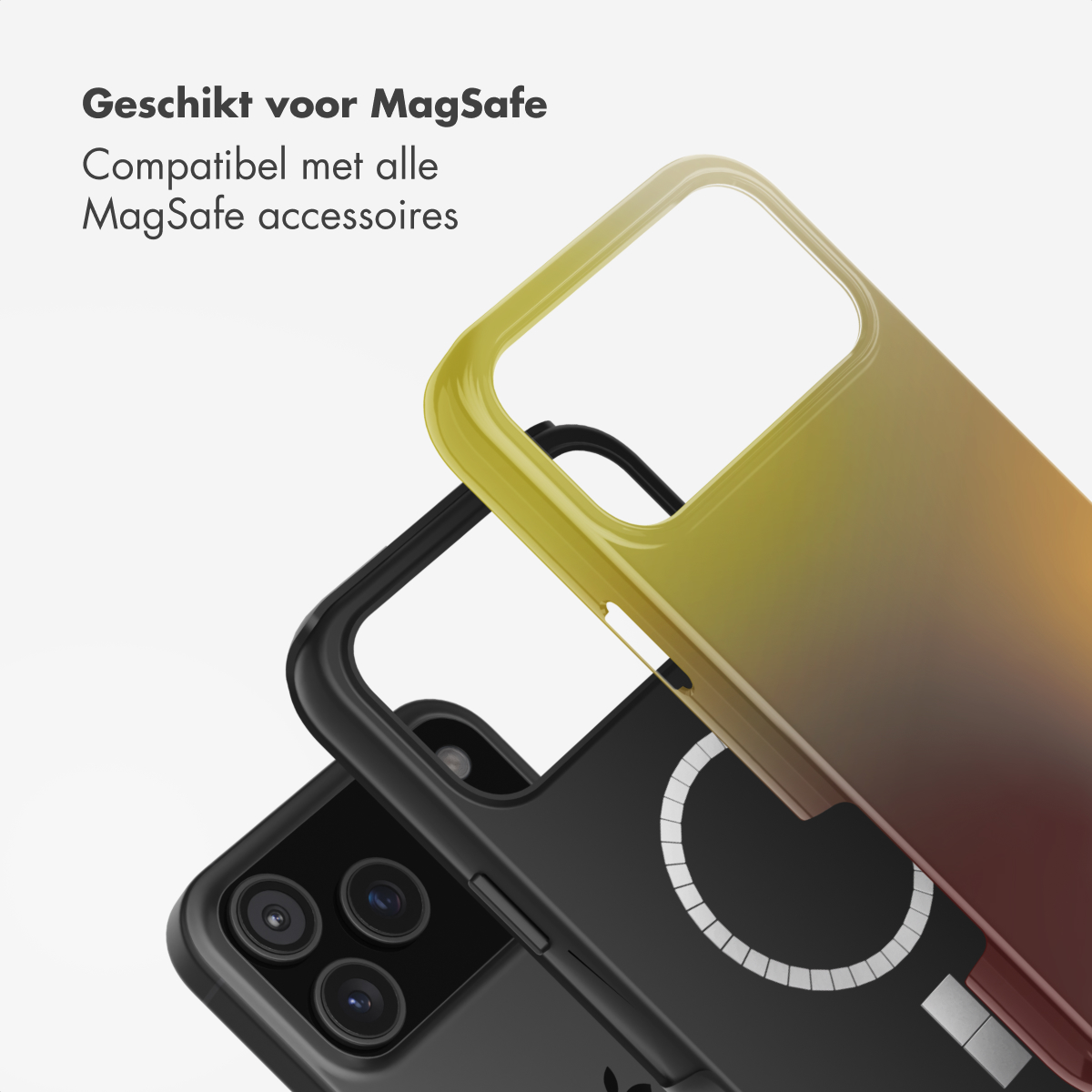 Een telefoonhoesje met een gele naar rode kleurverloop. De hoes zit op een zwarte telefoon met een MagSafe cirkel.