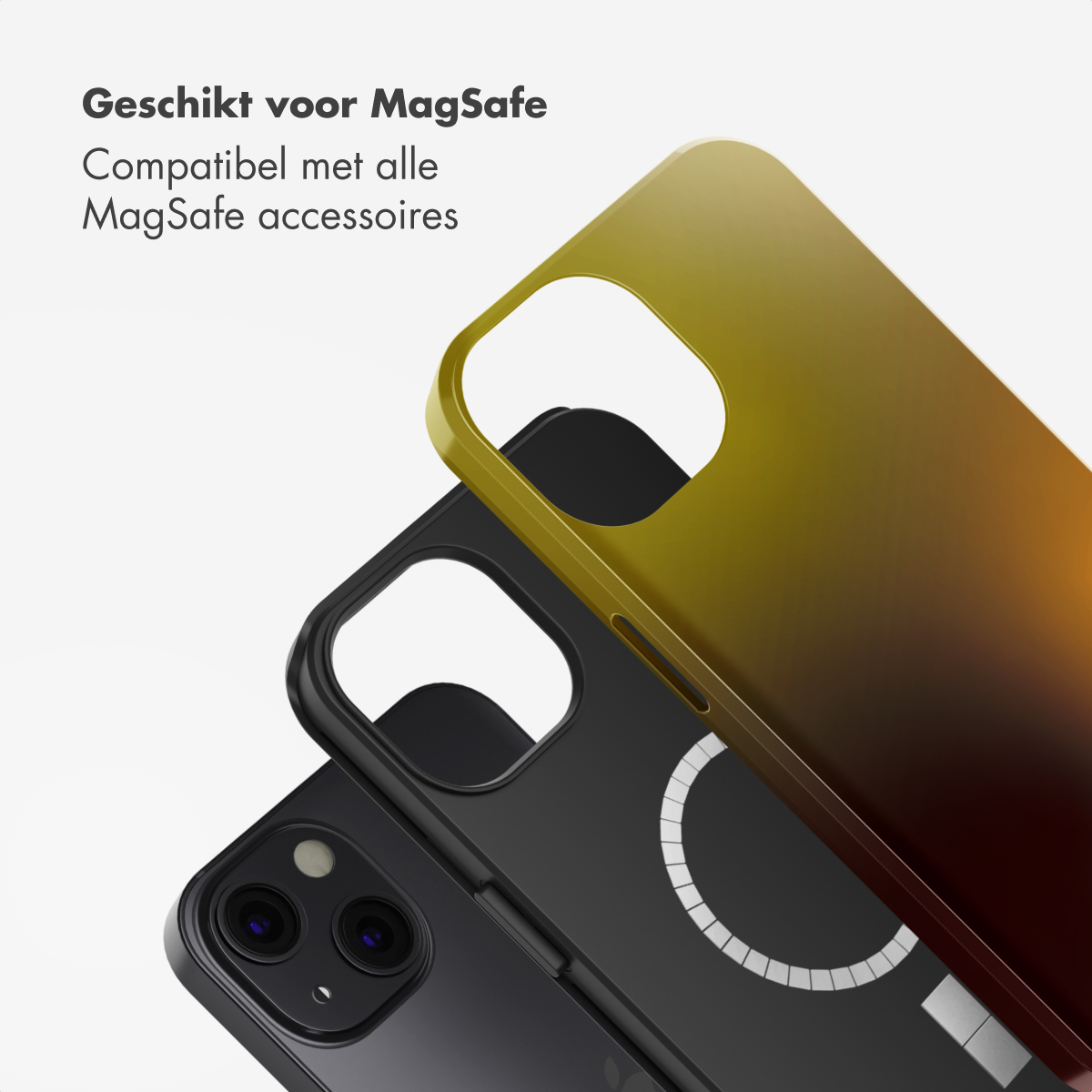Drie telefoonhoesjes over elkaar. De bovenste is geel en oranje, de middelste is zwart en de onderste is een zwarte telefoon.
