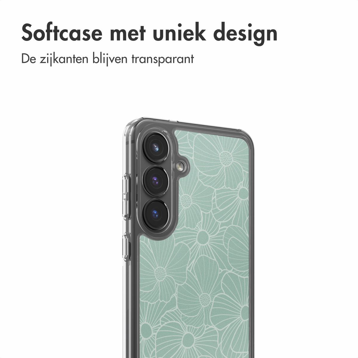 Transparante telefoonhoes met bloemenpatroon. De hoes heeft drie cameralenzen. De achtergrond is wit.
