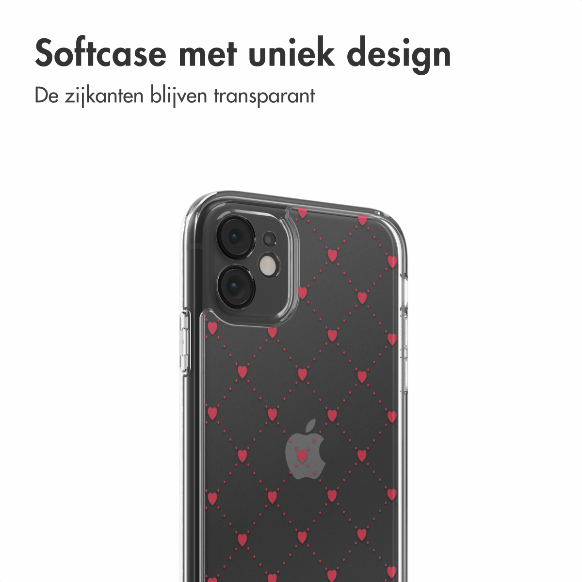 Custodia trasparente con motivo a cuori rossi. Logo Apple visibile. Testo in alto: Softcase con design unico.
