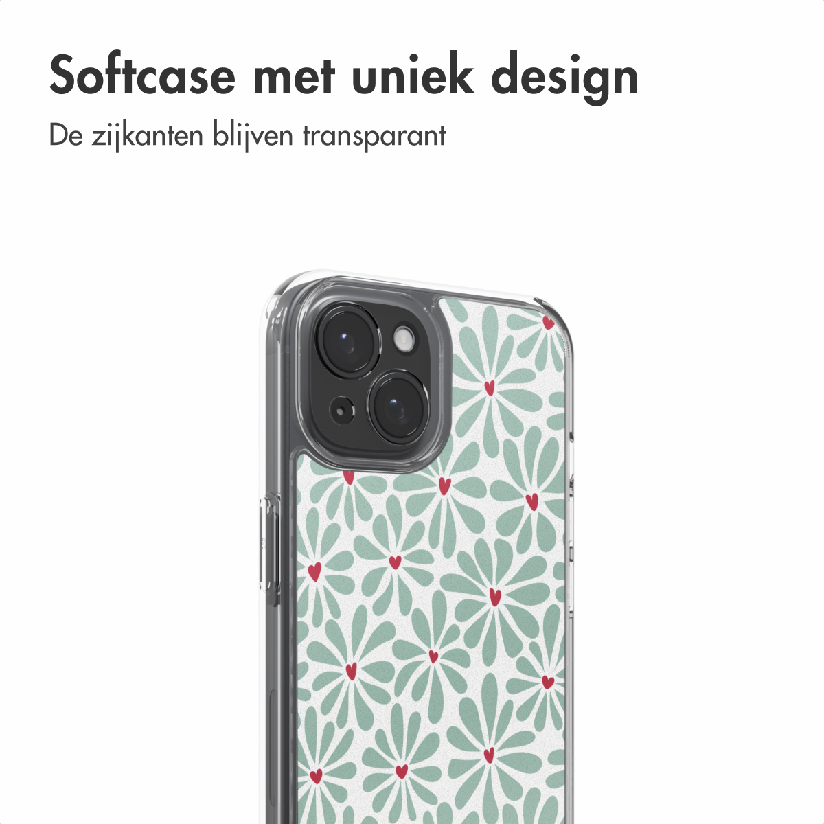 Transparante telefoonhoes met bloemenpatroon van groene bloemblaadjes en rode harten. Camera en frame zichtbaar.