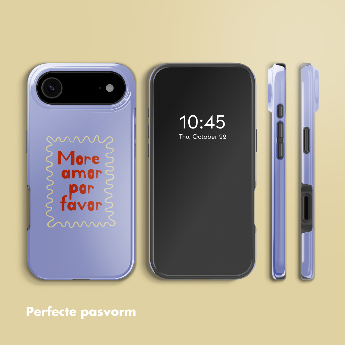 Drie telefoons: een met hoesje 'More amor por favor', een met scherm met tijd, en twee telefoon zijkanten.