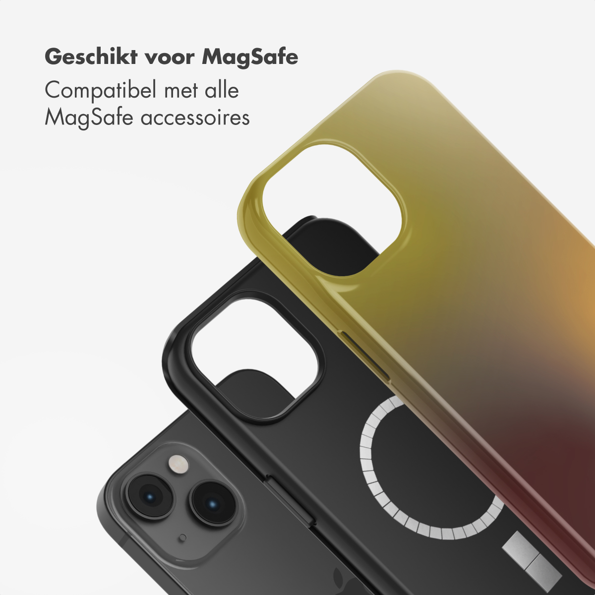 Tre custodie per telefono, sfumatura nera e giallo-rossa, impilate. Il testo in alto dice 'Adatto per MagSafe'. Compatibile con tutti gli accessori MagSafe.