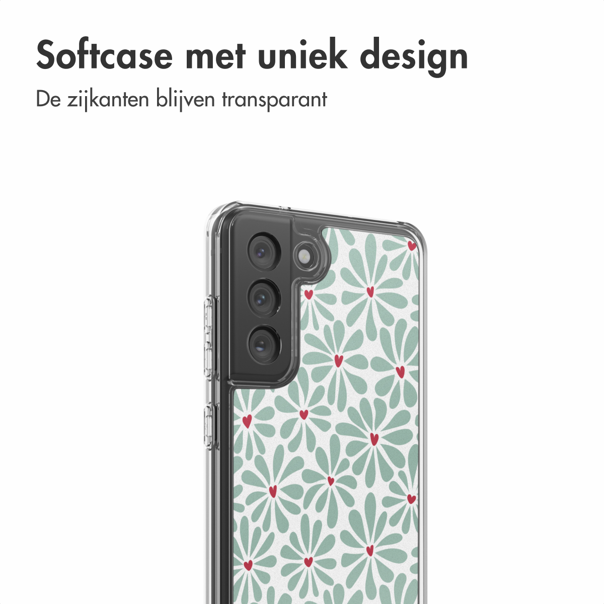 Una custodia per telefono con motivo floreale, fiori verdi con cuori rossi su sfondo bianco. La custodia è trasparente con una fotocamera nera.