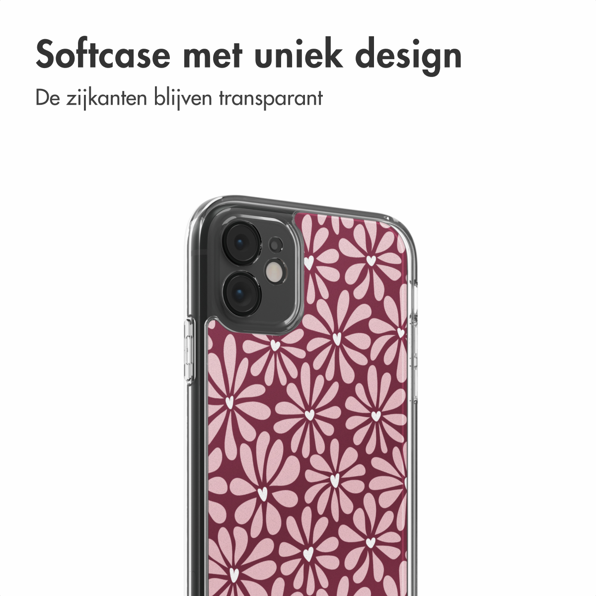 Une coque de téléphone avec un motif floral dans les tons rose et marron. Le téléphone est visible, côtés transparents. Texte en haut : Softcase met uniek design.