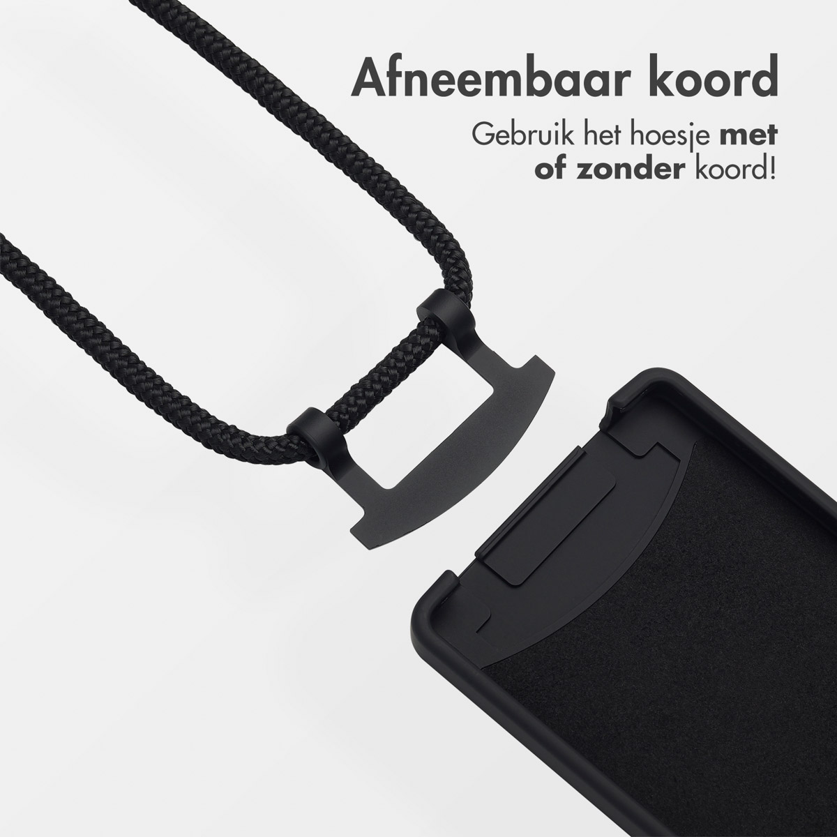 Zwarte telefoonhoes met afneembaar zwart koord. Nederlandse tekst geeft de veelzijdigheid aan. Witte achtergrond.