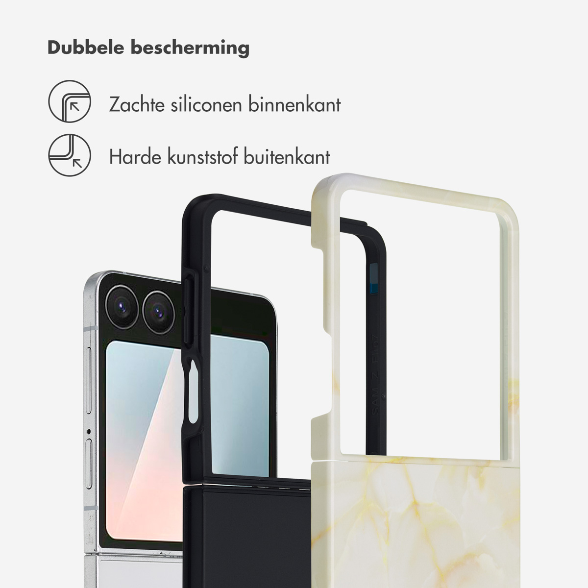 Onderdelen van de telefoonhoes die een telefoon, een zwart frame en een buitenkant met marmerpatroon laten zien, met labels.