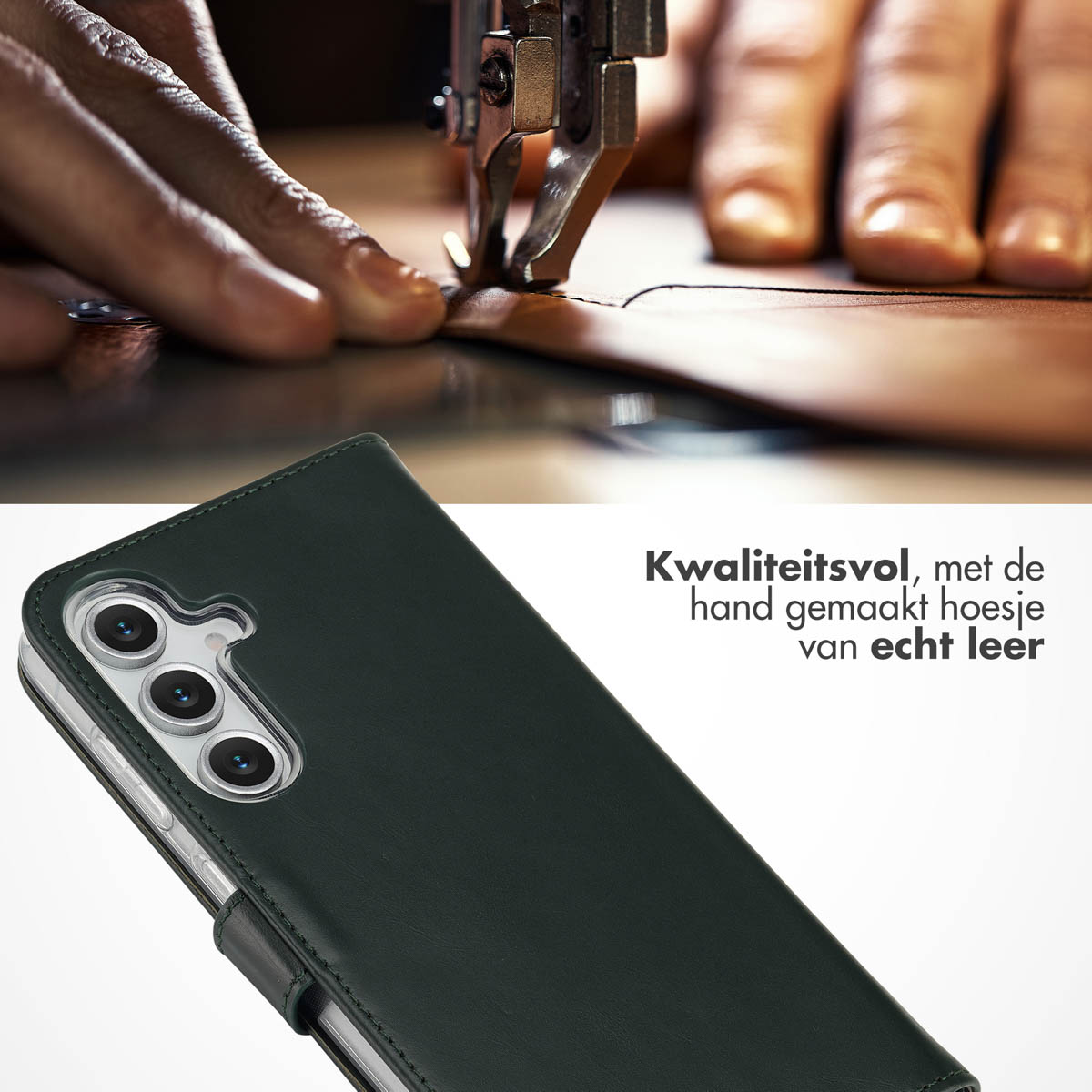 Handen die een naaimachine op leer gebruiken, een groene leren telefoonhoes en tekst die kwaliteit beschrijft.