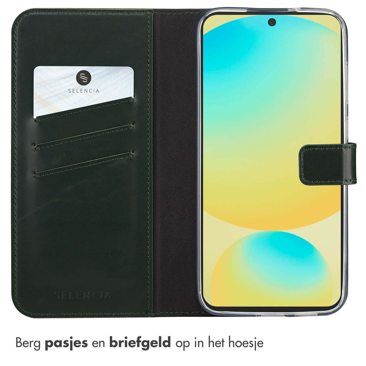 Groene telefoonhoes met kaartsleuven, met een telefoon met een geelgroen scherm. Er zit een kaart in de sleuf. Selencia staat erop.